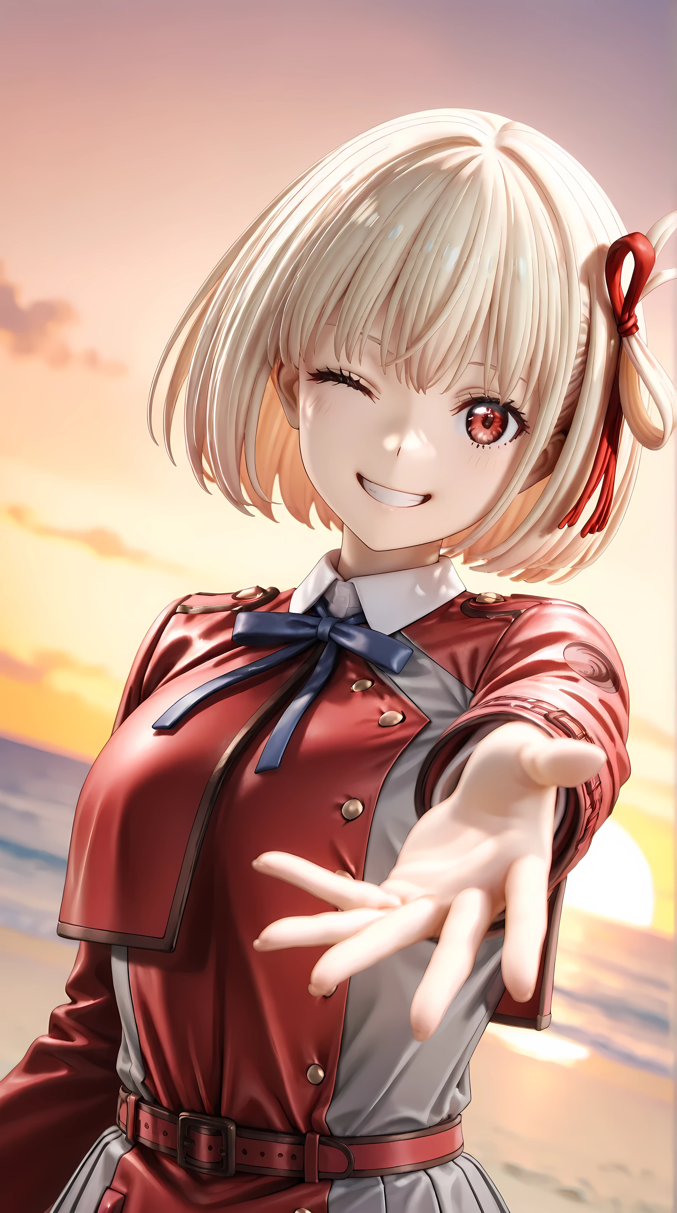 solo, 1girl, (reaching towards viewer:1.3)
BREAK 1girl, chisato nishikigi, short hair, bangs, blonde hair, red eyes, hair ribbon, one side up, bob cut, shirt, long sleeves, dress, ribbon, white shirt, collared shirt, belt, neck ribbon, red dress, blue ribbon, pleated dress, grey dress, two-tone dress, red belt, lycoris uniform,
BREAK one eye closed, grin, smile
BREAK outdoor, beach, sunset
BREAK from bellow, low angle, (dutch angle:1.2), close-up, perspective, upper body, depth of field, dynamic angle, cinematic shadow
BREAK 3D, (masterpiece, super fine illustration, highly detailed), best quality, expressive eyes, perfect face