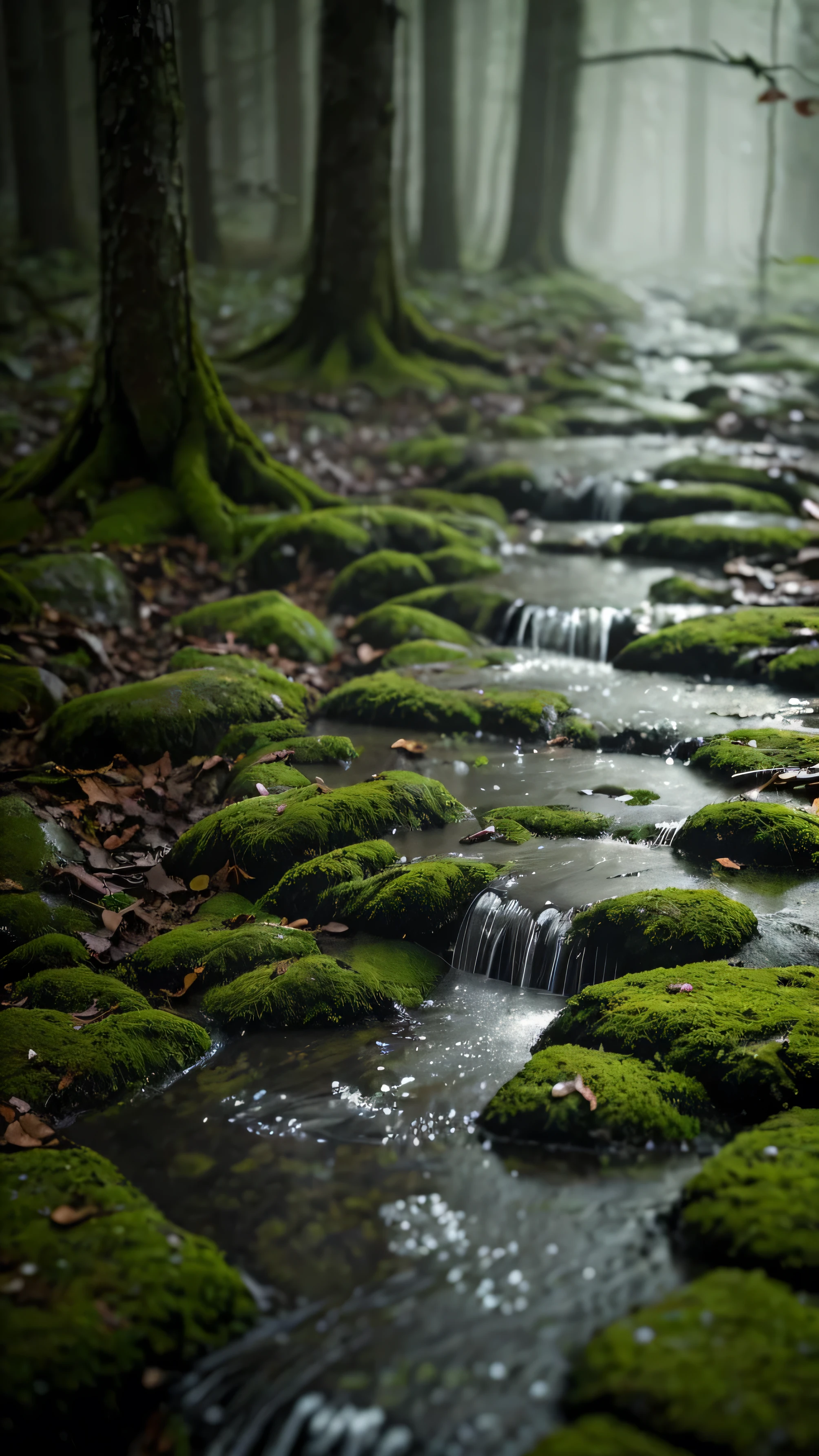 As if hidden from the outside world , This small forest pulsates in the gentle rhythm of nature . Raindrops falling from the branches , forming a random pattern on the wet ground . The mossy stones shine dimly in the soft light that breaks through leaf gap . In the distance , the mountain stands like a faint shadow , wrapped in a slowly moving mist . The blurry foreground reinforces the magical feel , as if this forest has a story that only those who stop and listen can understand.