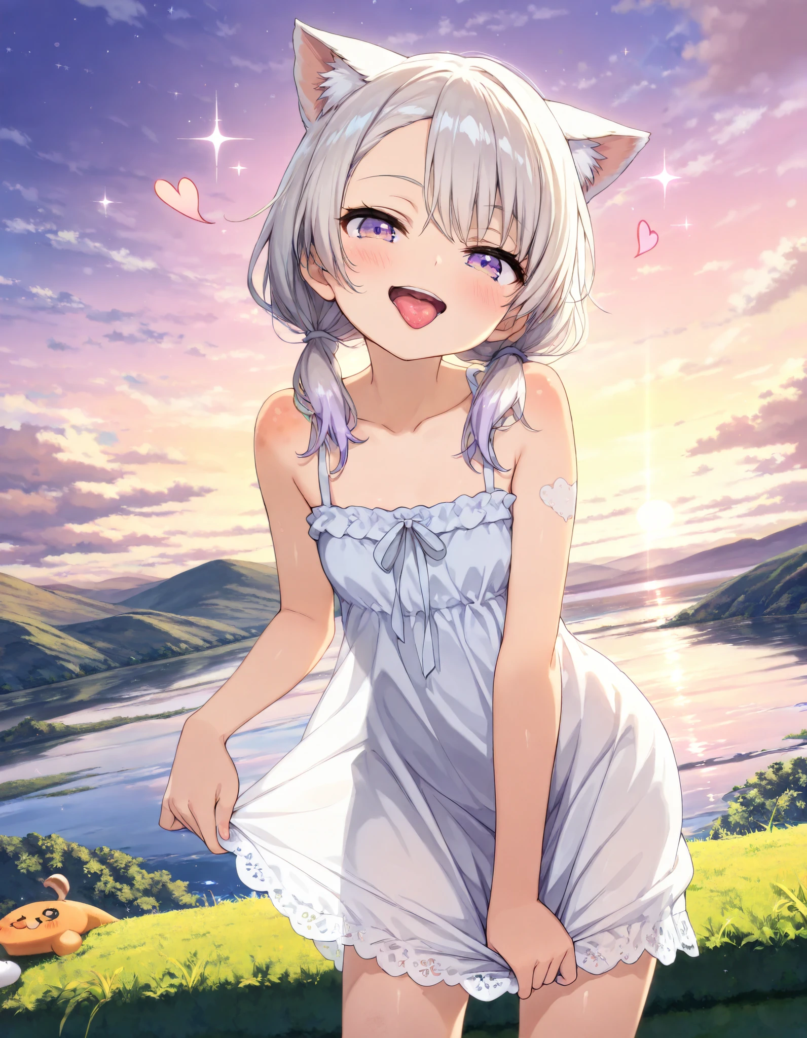 ((Masterpiece)), ((best quality)), (8K), cinematic lighting, (detailed background:1.2), (super detail:1.2),(High Definition:1.3), (Professional Photography:1.2), (very aesthetic:1.2), (absurdres:1.2), (sharp focus), ((1girl)), young Girl, (Textured skin), ((hearts, sparkle)), Big eyes, (pale purple eyes, gradient eyes, looking at viewer), platinum-gold hair, (Asymmetrical bangs), gradient hair, (pink color Hair Tip), (medium hair, low pigtails), (small breast, Healthy slim body), ((seductive smile)), blush, (open mouth, sticking out tongue), (cute cheeks), glossy lips, pouty lips, (lower eyelashes), (tilt head), (put on cat ears), Beautiful collarbones, BREAK, (see-through silhouette:0.7), (white long sundress, sleeveless sundress, lace trim, frills), ((Pull the skirt and spread it out, pull by self)), (loose standing near the Collapsed waterside), Vast forests spread out below, outdoor, (Beautiful landscape, sunset, twilight)