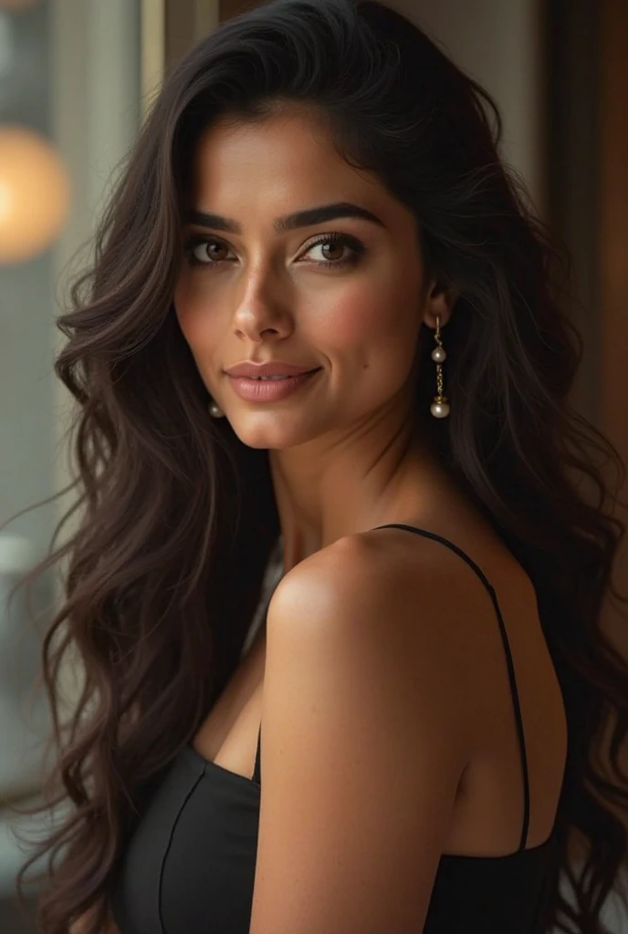 Portrait of Indian most beautiful and attractive woman in her 30s as a beautiful female model, beautiful face, [[Long Brunette Shag with Subtle Highlights]] Her dark hair falls in loose waves around her face, dramatic lighting, trending on art-station, portrait, digital art, modern, sleek, highly detailed, formal, determined, pink liner lipstick, soft lips, black eyes, happy, nacked