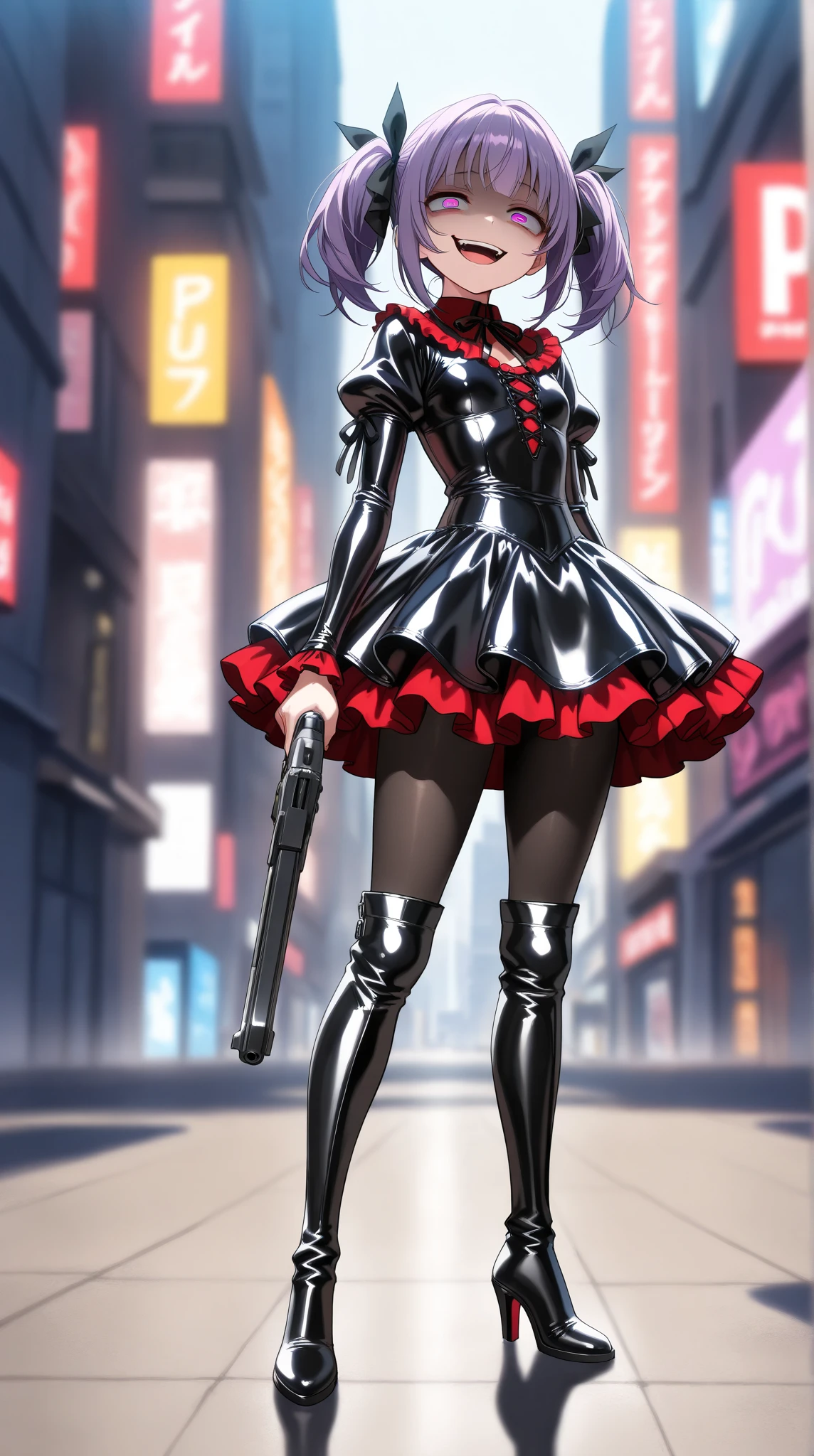 ((best quality)), ((masterpiece)), (detailed), poker face, short black straight hair, blue eyes, wears a red dress,black gloves and wears a black high heel boots , holding a gun and firing,