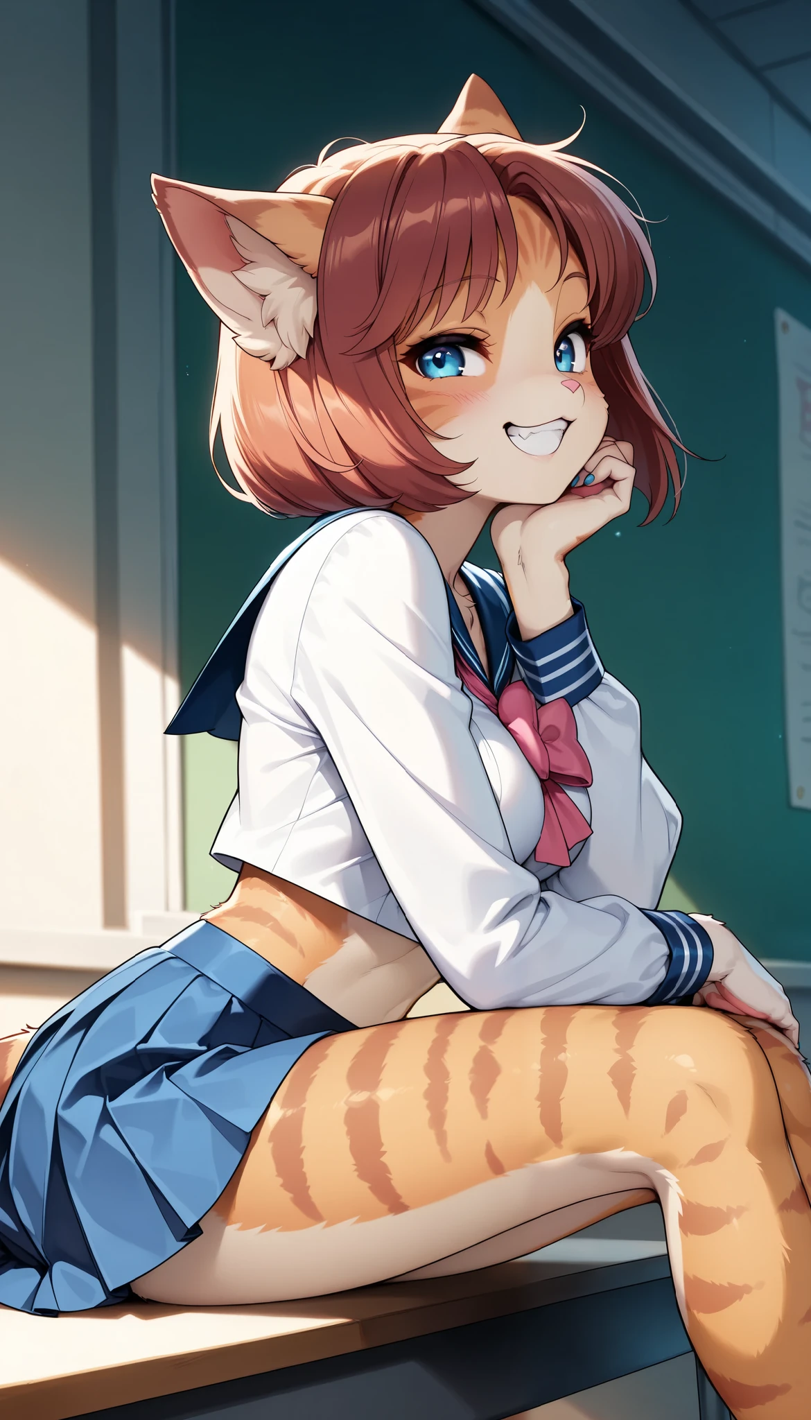 1 Beautiful Girl , cute fur , Furry, Cat face, Cat girl, short bob, (Alluring, smile, grin , tooth, Cat's paw, nail), anime style, (Medium breast), petite body, very cute, ( headrest, Sit with a hunched back, sailor suit, pleated skirts that blow out, miniskirt), adorable expression, soft lighting , fantasy seen down, Whimsical, school background, (TOP QUALITY:1.2, very detailed, High Detailed CG Illustration, soft focus, masterpiece:1.2, BEST AESTHETICS),