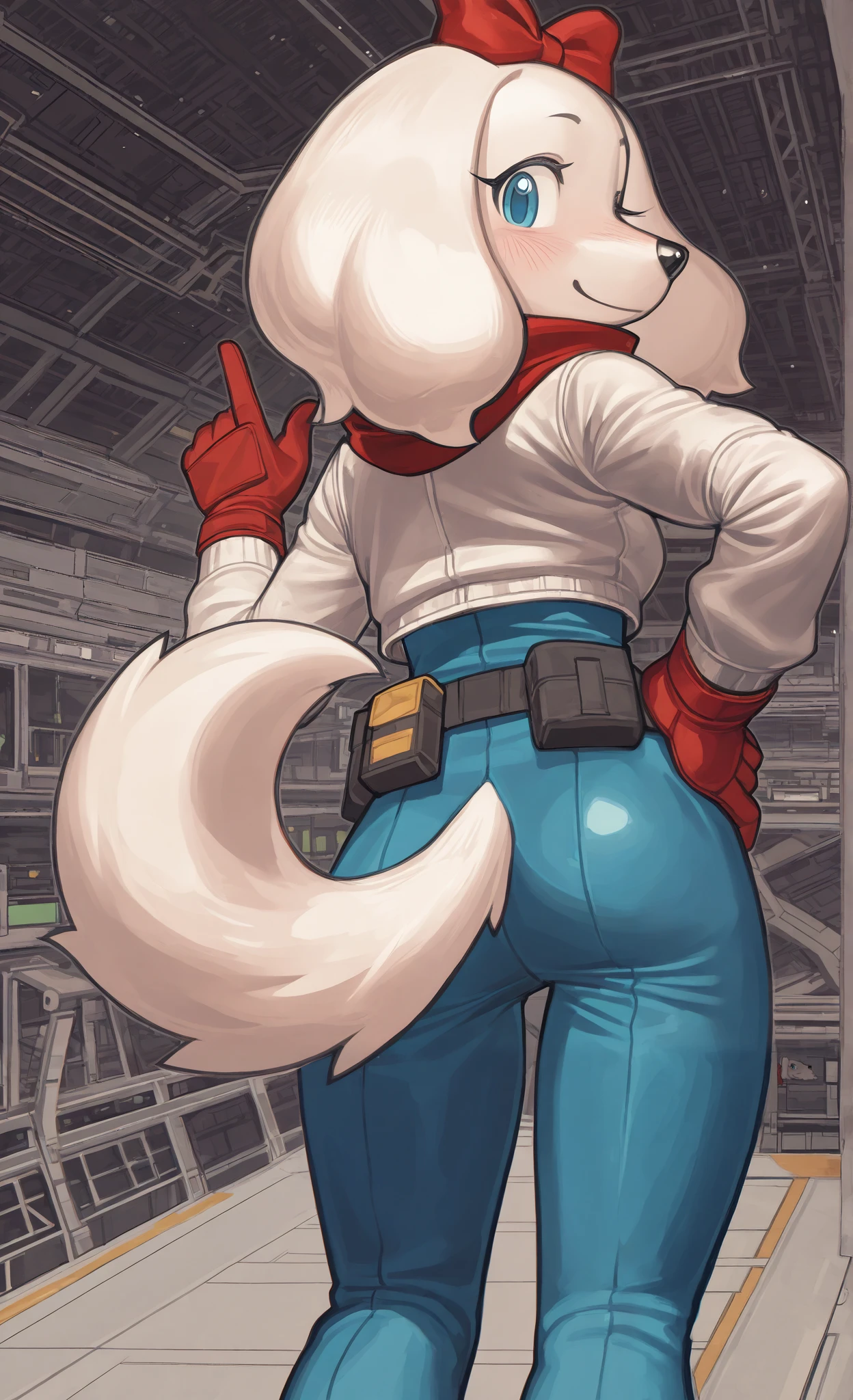 ((Fay Spaniel)), ((Starfox)), ((pixelsketcher style)), ((wamudraws style)), ((masterpiece)), ((high resolution)), ((solo portrait)) ((back view)), {(attractive figure), (beautiful legs), (white fur), (black nose), (floppy dog ears), (cute blue eyes), (long eyelashes), (cute smile)}, {(cyan jumpsuit), (white jacket), (red gloves), (red scarf), (utility belt), (giant red bow)}, {(standing), (hand on hip), (looking back at viewer)}, ((hangar)), ((space))