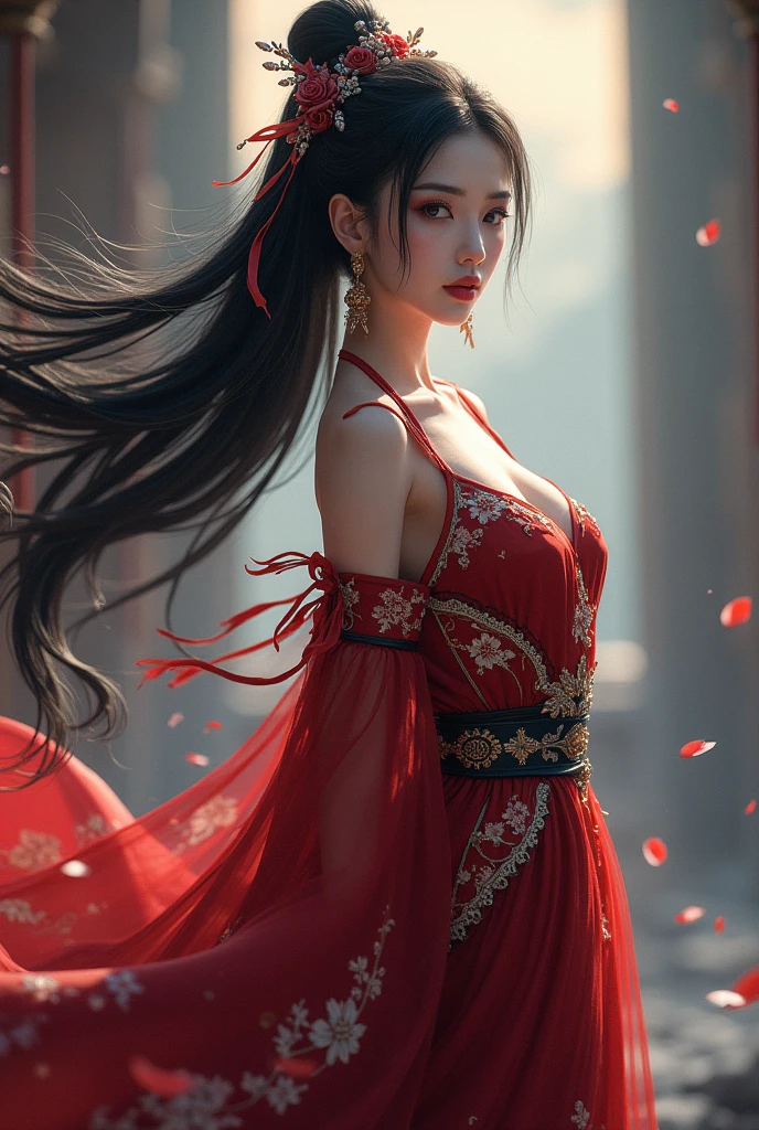 (skindentation:1.5), Realistic, Photorealistic, (masterpiece:1.5), concept art, intricate details, highly detailed, photorealistic, octane render, 8k, unreal engine, dynamic pose, best quality, highres, (realistic face:1.1), (hyperrealistic:1.1), (((full_body))), perfect eyes,(shiny skin:1.2), perfect hand, extremely detailed background, ((dynamic background)), ((1girl)), ((wearing red long fluffy dress)), ((detailed eyes, high quality eyes, high quality face)), long black hair, messy ponytail, dramatic, depth of field, bokeh, 4k, ancient city ruin, dancer, (((dancing))), long sleeves, (((red long chiffon dress))), turtle neck