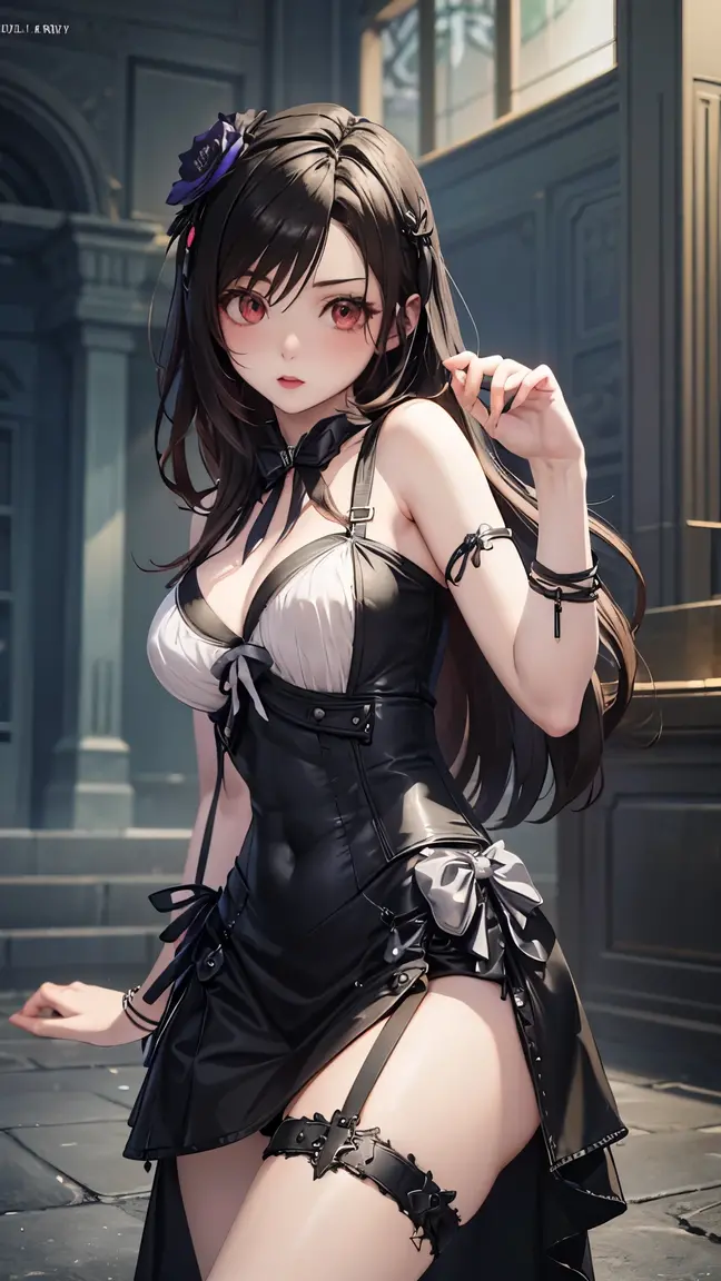 (Make the subject look three-dimensional with the contrast of light and shadow),Cute and beautiful 22yo girl,(masterpiece:1.2), best quality, high resolution, unity 8k wallpaper, (illustration:0.8), (beautiful detailed eyes:1.6), extremely detailed face, perfect lighting, extremely detailed CG, (perfect hands, perfect anatomy),Brown hair,watching at viewers,black suspenders,(Bulging ,big breasts:1.1),tacticul jacet,Black miniskirt,garters,Gaze,Small face,bangss,holster,Belt Armament,Beautuful Women srestrained,hands up,sitting Lying in bed,Leg holster ,Gaze,black boots,panty shot