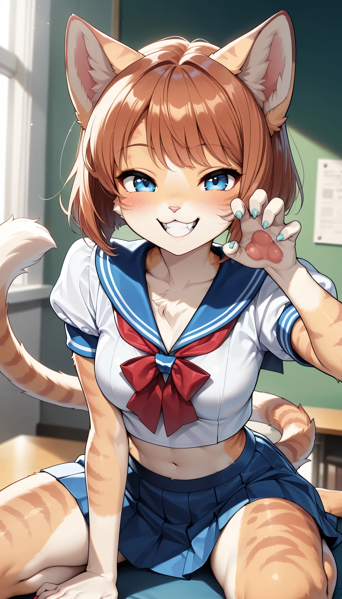 1 Beautiful Girl , cute fur , Furry, Cat face, Cat girl, short bob, (Alluring, smile,  grin ,  open your mouth, tooth, Cat&#39;s paw, nail), anime style, (Medium breast),  petite body, very cute, (Pigeon Pose,  sailor suit, pleated skirts that blow out, miniskirt), adorable expression,  soft lighting , fantasy seen down, Whimsical,  school background, (TOP QUALITY:1.2, very detailed, High Detailed CG Illustration, soft focus, masterpiece:1.2,  BEST AESTHETICS),