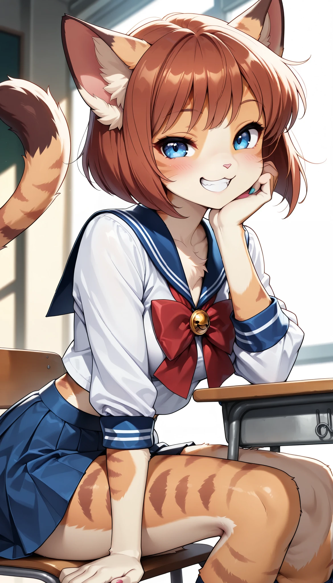 1 Beautiful Girl , cute fur , Furry, Cat face, Cat girl, short bob, (Alluring, smile, grin , tooth, Cat's paw, nail), anime style, (Medium breast), petite body, very cute, ( headrest, Sit with a hunched back, sailor suit, pleated skirts that blow out, miniskirt), adorable expression, soft lighting , fantasy seen down, Whimsical, school background, (TOP QUALITY:1.2, very detailed, High Detailed CG Illustration, soft focus, masterpiece:1.2, BEST AESTHETICS),