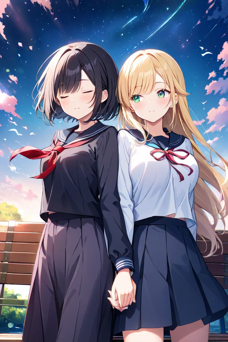 Two girls(long hair、blond hair、Big Breasts、 green eyes、Fleeting、A pair of ribbons on the left and right、 sleep 、Lean on your shoulders 、peace of mind、peace)、(short hair、 black hair、 small tits、 blue eyes、Rin々Shii、Compassion)、Under the sunset sky、 hold hands、 sailor suit( pale pink)、 holding hands, etc. 、sleeping face、 bench