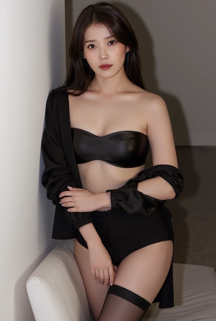 ((best quality)), ((masterpiece)), (detailed), 1girl, beautiful straight black long hair , seductive gaze , perfect body , luxury necklace , luxury bracelets , standing , sexy pose , black long coat , black bra , boots 