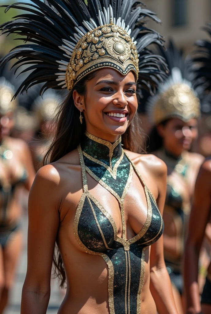 Fantasy setting, bright lights, night scene, rio caRnival style, carnival costume, (wearing samba dance dress:1.2), exotic feather costume, cranival parade, outdoor, street background, night sky, romantic and seductive, moonlight, wide angle photo of a Maya Ali, beautiful legs, realistic body parts, cheeks, curvy, big breasts, Hollywood lips, long hair, look at viewer and smile, pleasant mood, calm color palette, vibrant colors, unified 16k wallpaper, ultra realistic, intricate details, masterpiece, (cinematic:1.3), (ArtStation:1.2). big tits, 1975