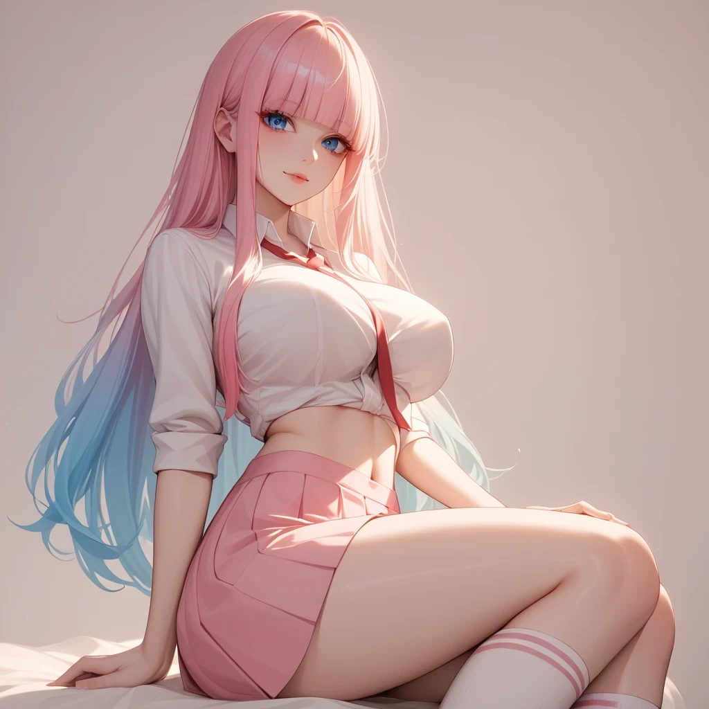 best quality, sun, wallpaper, {{{girl}}}, female, long hair, pink hair, forehead, shy, aqua eyes, glowing eyes, medium breasts, shirt, torn legwear, cross-laced_footwear, flower ribbon, smelling,