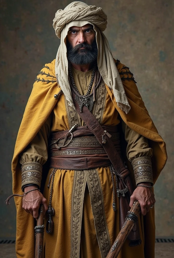 Imam (a.s) wearing a white woolen cloak and had wrapped around his shoulders red striped shawls of Qatari origin. He wore a headgear of fine cloth. wearing a yellow loincloth and was covering his shoulders with a flowery black shawl, Lighten face, pov back, warrior posture, cool, do not show his face