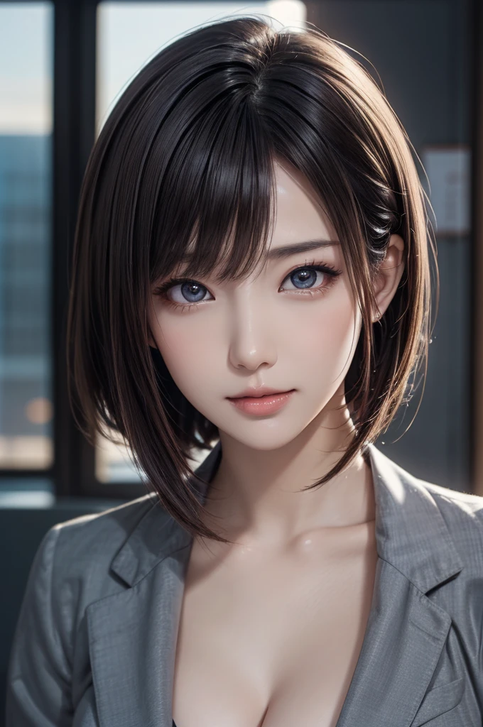 (masterpiece, highest quality, photorealistic, High resolution, photograph, :1.3), very close up shot, sharp focus, 30 year old mature woman、small face、no makeup、hot models, Highly detailed eyes and pupils, realistic skin, slim body shape、 short cut hair、dark brown hair、 delicate and sexy face, sensual gaze, glossy lips, ((He wears a white collared shirt with the top button undone.))、small breasts、bust B cup、No bra、wearing a pendant、((realistic, super realistic, realism, realistic detail))、cool beauty、sexy style、Gray background