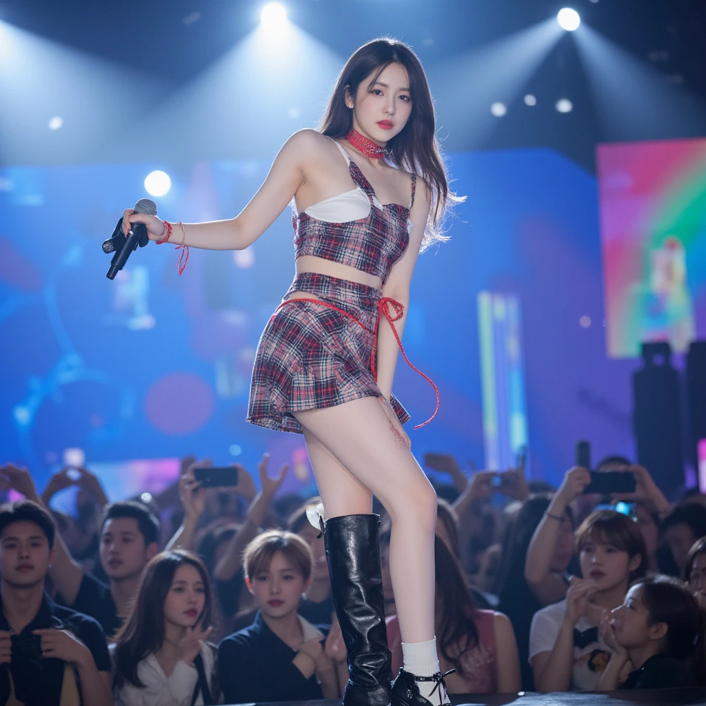 （（middlebreast，small heads）），rays of sunshine，rays of sunshine，（perfect bodies：1.1），Purple colored hair，Full body photo，crowding street，wearing a black tank top，jean jacket，（（short  skirt）），（极其细致的CG 8k壁纸），（Extremely refined and beautiful），（tmasterpiece），（best qualtiy：1.0），（超A high resolution：1.0），beautiful light up，Stage，realistic shaded，[A high resolution]，Delicate skin，Super detailed face