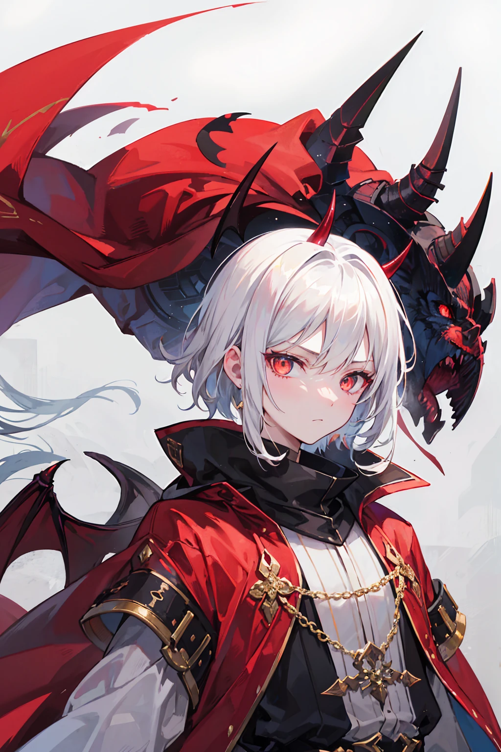 (Top resolution、Distinct_image)top-quality、A dragon girl 、​masterpiece、highly detailed, half body, Semi-realistic、yellow eyes 、18year old, silver hair,young 、Exquisite facial features、Facial features ,variation potrait, long  hairstyles, teenage, cool , cold sharp eyes, An expression of anxiety., lifeless eyes, blood on face, , {Very detailed 8k CG unit wallpaper}, Handsome, solo, female, vampires, dark cloak , loyalty ,Japanese kimono, have dragon horns, detailed eyes, beautiful eyes