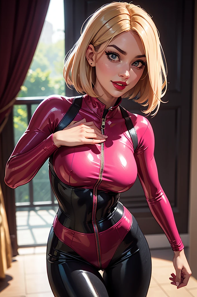 (best quality,8k:1.2,high resolution:1.2),ultra-detalhado,Realistic,retro science fiction female superhero,blonde short hair,rosto extremamente detalhados,long eyelashes,all sheer rose Collant de nylon Apertado,all rose orange pantyhose,rose latex gloves, rose Glossy plastic accessories,Physically-based rendering,foco nítido,studio lighting
