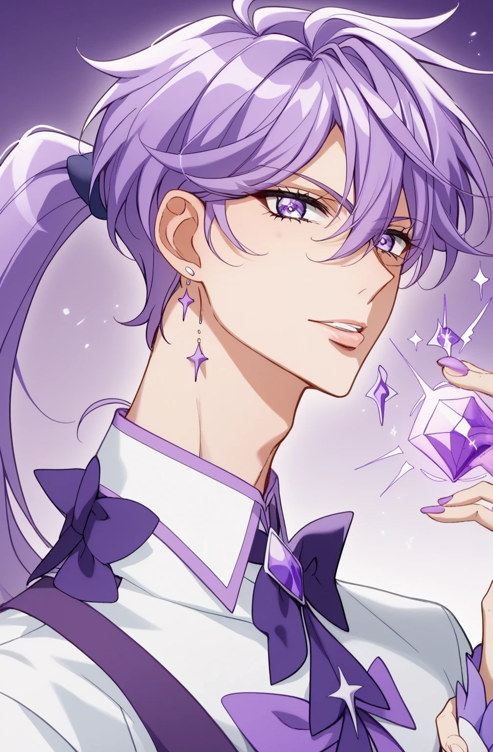 score 9 、score 8 up、score 7 up、source anime、masterpiece、TOP QUALITY、high definition、anime coloring、1boy 、Cure Sword、(male:1.55)、close-up of a boy cartoon character with purple hair、high short ponytail hair、spade shape hair ornament、Alone、portrait of Magic Boy、 Boy in a White and Purple Dress 、isolated、Long Legged 、Heavenly Aura、Lightning Aura、 White and Purple Miniskirt 、white shoulder pats、 purple arm warmers、purple detached sleeves、purple waist bow、Bare legs、 Bare Thighs 、 purple thigh-high boots 、 Symphogear Flavor 、 Boy with Short Light Purple Hair 、 Prince of Amethysts 、 official character art 、style of Magic Boy、Magic Boy、masculinization、 Anime Boy 、Official Art、high definition、perfect costume、sparkling Magic Boy、(manly:1.55)、With Sparkling Purple Eyes 、perfect body、perfect hands、perfect arms、perfect legs、 male focus、looking at viewer、Alone focus、cowboy shot、(male body:1.55)、beefcake style、purple background、