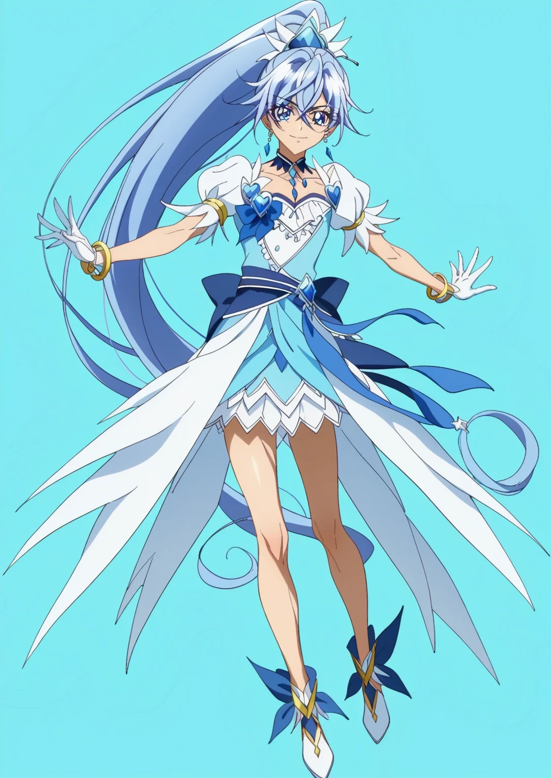 score 9 、score 8 up、score 7 up、source anime、masterpiece、TOP QUALITY、high definition、anime coloring、1boy 、cure diamond、(male:1.55)、Close up of a blue-haired boy cartoon character、high long ponytail hair、dia shape hair ornament、Alone、portrait of Magic Boy、 Boy in a White and Blue Dress 、isolated、Long Legged 、Heavenly Aura、Ice Aura、White and blue mini skirt、white puffy sleeves、white gloves、yellow bracelet 、blue waist bow、Bare legs、 Bare Thighs 、 white high heels、 Symphogear Flavor 、 Long Dark Blue Haired Boy 、 Prince of Sapphire 、 official character art 、style of Magic Boy、Magic Boy、masculinization、 Anime Boy 、Official Art、high definition、perfect costume、sparkling Magic Boy、(manly:1.55)、 With Shining Blue Eyes 、perfect body、perfect hands、perfect arms、perfect legs、 male focus、looking at viewer、Alone focus、cowboy shot、(male body:1.55)、beefcake style、blue background、