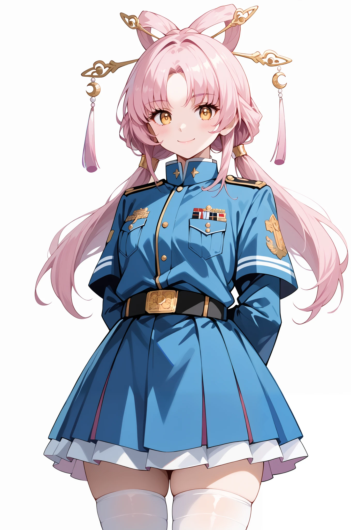 score_9, score_8_up, score_7_up, source_anime, 4K,perfect fingers,(perfect hands, perfect anatomy),prefect lighting, very aesthetic, intricate details,highly detailed background, masterpiece, high quality, best quality,
1girl,solo,fu xuan, pink hair, yellow eyes, bare shoulders, parted bangs, twin tails, bow-shaped hair, low twintails,Large Breast,
wearing ((blue jacket, blue skirt, jacket,military, military uniform,shirt, skirt, thighhighs, uniform, )),,
((White plain background:1.5)) , looking at viewer, smile,((hands behind back:1.5)), (perfect hands, perfect anatomy),cowboy shot, filed, high thigh individual , fullbody,Stand up,((front look:1.5)),