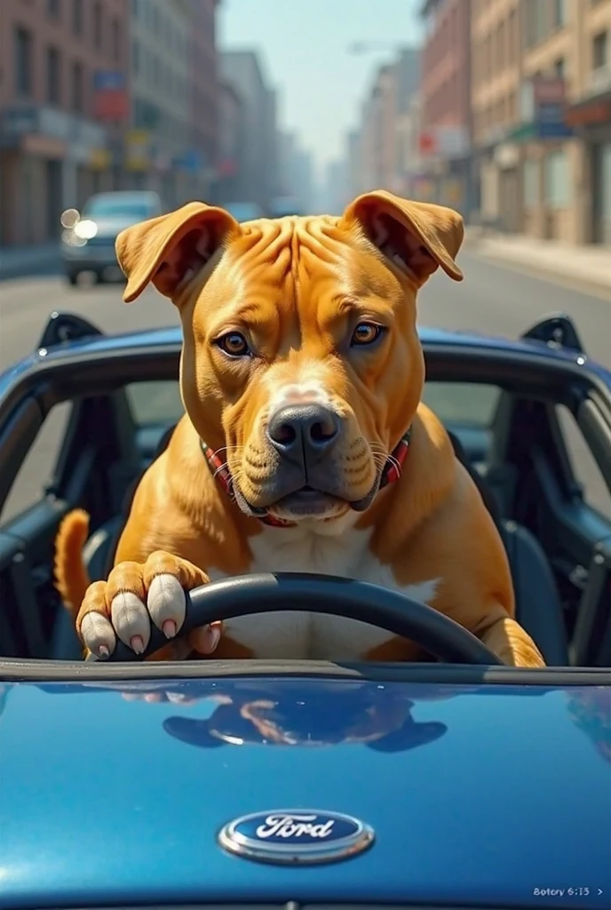 A muscular dog driving a car