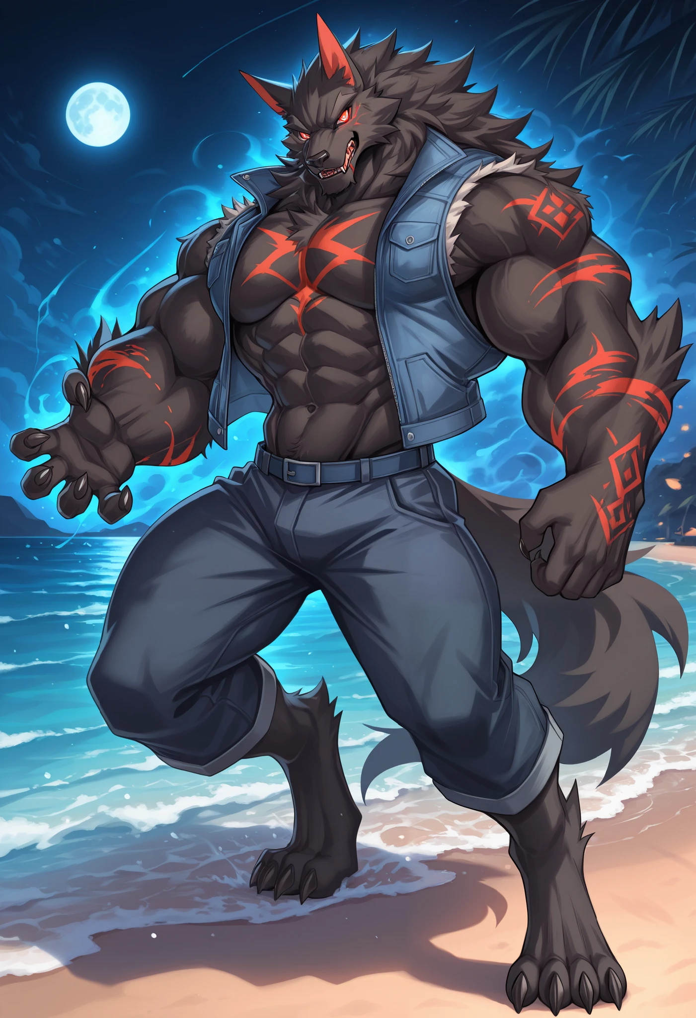 ((masterpiece)), ((8k)), ((SFW)), ((solo)), ((uploaded on e621)), (by slugbox), (by bonifasko), (by cervina7), (by null-ghost), (high resolution), ((Anime-ish high quality)), (best quality), (super fine illustration), (highly details), ((Machgaogamon)), ((black eyewear on head)), ((fluffy dog)), ((male)), (anatomically correct), ((pawpads:1.3)), (five fingers), ((tuft)), (fluffy fur)), ((fluffy fur body:1.3)), ((detailed fluffy fur)), (highly detailed face), (detailed hands), (detailed body), ((detailed eyes)), (big yellow eyes), ((looking at viewer)), ((close up portrait:1.6)), ((furry)), ((huge pecs)), ((huge muscular male)), ((muscular figure)), ((massive and strong body)), ((veins:1.6)), ((veiny muscles)), ((muscular arms)), ((muscular legs)), ((six pack abs:1.6)), (Oblique muscle), serratus anterior muscle, ((thick thighs:1.3)), ((blush)), (long snout), (big tail), ((fangs)), open mouth, ((breath visible)), ((sweaty:1.8)), (many scars all over the body:1.8)), ((many scratches all over the body:1.8)), ((a lot of claw marks all over the body:1.8)), ((scars on face)), ((detailed scars)), ((deep scars)), ((blood everywhere)), ((bleeding)), ((wearing dog tags:1.6)), ((standing)), ((in the seaside)), ((on the beach)), ((the sun)), ((a crowd of furry:1.3)), ((detailed background)), ((cinematic lighting)), ((gorgeous light and shadows)), ((highly detailed background)), ((wearing hot pants:1.8)), ((dynamic pose:1.3)),