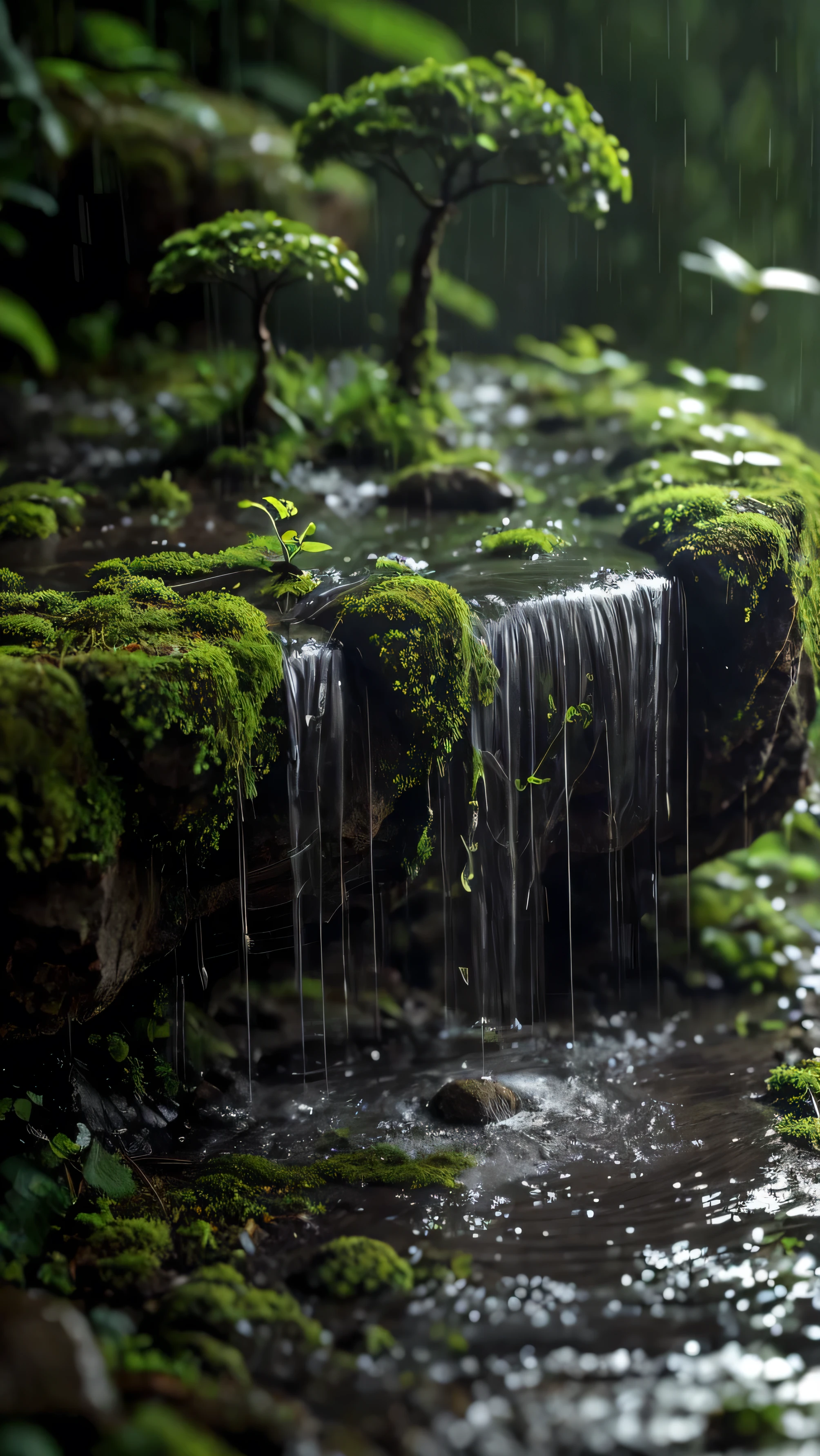 As if hidden from the outside world , This small forest pulsates in the gentle rhythm of nature . Torrential raindrops raining down the foliage, creates a symphony of nature that fills the air. Rainwater flows violently from the branches, form random patterns in the wet and muddy ground. The mossy stones shine dimly in the soft light that breaks through leaf gap , while small mushrooms thrive on it, add a mysterious touch of life. In the distance , the mountain stands like a faint shadow , wrapped in a thick slowly moving mist, as if hiding an ancient secret. The blurry foreground reinforces the magical feel , as if this forest has a story that only those who stop can understand, felt , and listen to the rumble rain and hidden whispers of nature.