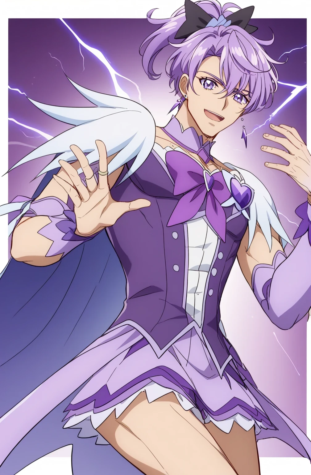 score 9 、score 8 up、score 7 up、source anime、masterpiece、TOP QUALITY、high definition、anime coloring、1boy 、Cure Sword、(male:1.55)、close-up of a boy cartoon character with purple hair、high short ponytail hair、spade shape hair ornament、Alone、portrait of Magic Boy、 Boy in a White and Purple Dress 、isolated、Long Legged 、Heavenly Aura、Lightning Aura、 White and Purple Miniskirt 、white shoulder pats、 purple arm warmers、purple detached sleeves、purple waist bow、Bare legs、 Bare Thighs 、 purple thigh-high boots 、 Symphogear Flavor 、 Boy with Short Light Purple Hair 、 Prince of Amethysts 、 official character art 、style of Magic Boy、Magic Boy、masculinization、 Anime Boy 、Official Art、high definition、perfect costume、sparkling Magic Boy、(manly:1.55)、With Sparkling Purple Eyes 、perfect body、perfect hands、perfect arms、perfect legs、 male focus、looking at viewer、Alone focus、cowboy shot、(male body:1.55)、beefcake style、purple background、