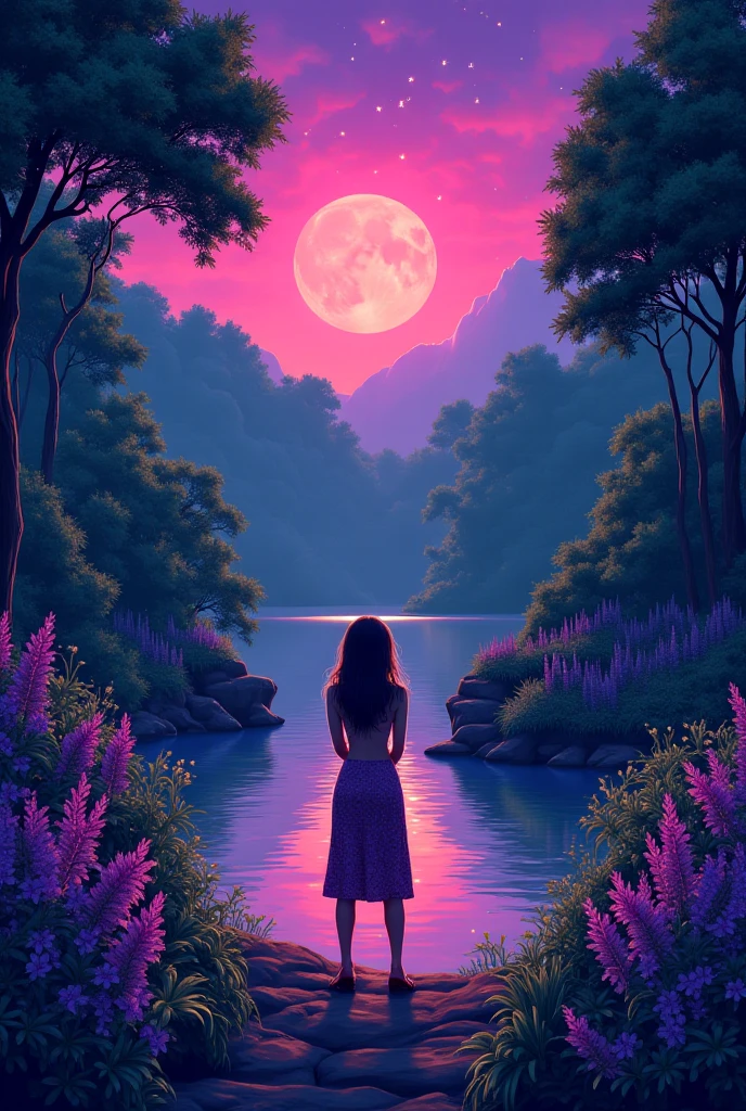 score_9, score_7_up, source_anime, from behind, walking on liquid, 1girl, nude, long hair, water, full moon, scenery