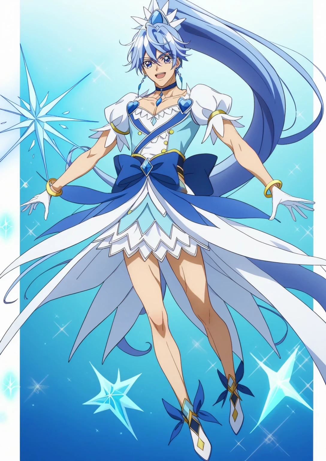 score 9 、score 8 up、score 7 up、source anime、masterpiece、TOP QUALITY、high definition、anime coloring、1boy 、cure diamond、(male:1.55)、Close up of a blue-haired boy cartoon character、high long ponytail hair、dia shape hair ornament、Alone、portrait of Magic Boy、 Boy in a White and Blue Dress 、isolated、Long Legged 、Heavenly Aura、Ice Aura、White and blue mini skirt、white puffy sleeves、white gloves、yellow bracelet 、blue waist bow、Bare legs、 Bare Thighs 、 white high heels、 Symphogear Flavor 、 Long Dark Blue Haired Boy 、 Prince of Sapphire 、 official character art 、style of Magic Boy、Magic Boy、masculinization、 Anime Boy 、Official Art、high definition、perfect costume、sparkling Magic Boy、(manly:1.55)、 With Shining Blue Eyes 、perfect body、perfect hands、perfect arms、perfect legs、 male focus、looking at viewer、Alone focus、cowboy shot、(male body:1.55)、beefcake style、blue background、