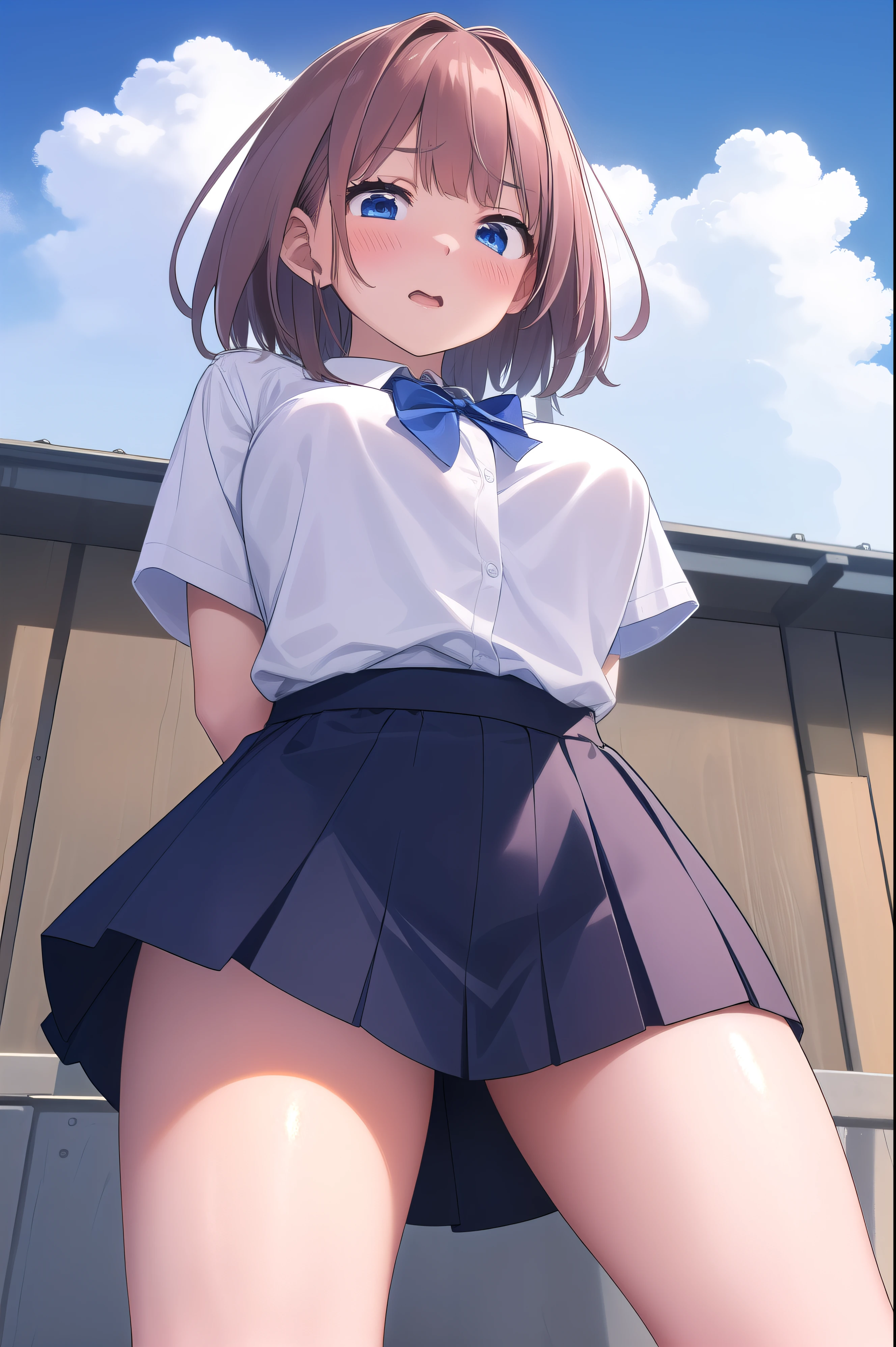 ( masterpiece, TOP QUALITY), very detailed background, perfect lighting、TOP QUALITY, {(dynamic angle:1.3)、(angle from below:1.7)、 lower body、Looking up、(thigh close-up:1.3)}、{hitoyobafu 、1 girl、Wind:1.3、(arms behind back:1.5)、(18 years old)、 short brown hair、 blue eyes、( look here:1.5), (Looking Down:1.5)、( panic:1.5)、(blush:1.7)、{(white blouse with collar and buttons:1.3)、(Short sleeve)、( blue bow tie)、{slender、 glamour}、(big breasts outdoors at night)、(blue check skirt)、(Windでスカートリフトアップ:1.6)、(socks)、 white thighs:1.5}、{background、( school rooftop during lunch break)、blue sky、 fence、cityscape}、