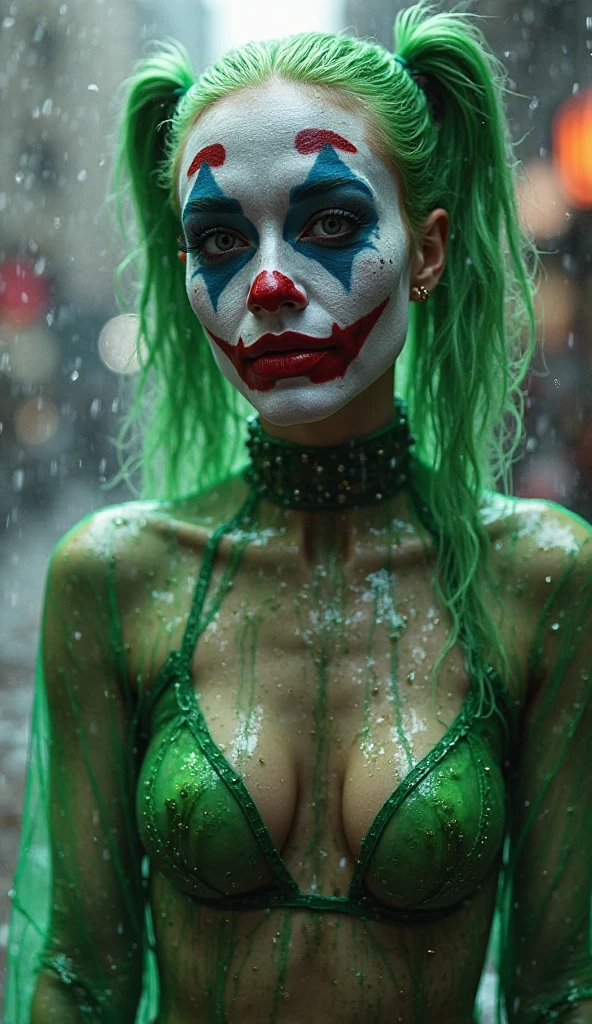 She stands on the rain-soaked asphalt, a breathtaking figure draped in the chaos of the night, her satisfaction palpable as the rain cascades down her body. The drops of rain strike her face, running in rivulets over the white makeup, smudging the dark eyeshadow and mingling with the crimson streaks of her extended, grotesque grin. As the water traces the contours of her face, she closes her eyes briefly, tilting her head back slightly, allowing herself to fully feel the rain’s embrace. A soft, contented smile plays on her red-smeared lips, a moment of quiet joy in the midst of her own personal storm. Her green hair clings to her face and neck, the vibrant color deepened by the rain, adding to the surreal beauty of the scene. Her hands hang loosely by her sides, palms open, as if inviting the rain to wash over her, to soak through the purple jacket that clings to her toned body. The moonlight catches on the water droplets sliding down her bare skin, creating a shimmering effect that highlights every curve, every inch of her figure. In this moment, she is entirely at peace, reveling in the sensation of the rain against her skin, the wet earth beneath her feet, and the eerie silence that only a stormy night can bring. The satisfaction in her expression is almost serene, a stark contrast to the chaos she embodies. The rain is not merely a backdrop but a part of her, merging with the darkness, the moonlight, and the madness that defines he