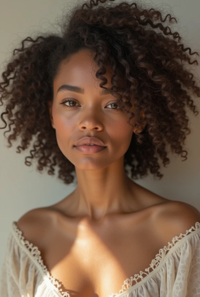 ((perfect photograph)), ((realistic)), ((8k)), (perfect face), gorgeous black woman with dark afro hair, wearing a straight long pink t-shirt and dark jeans, standing towards the camera, sunny day in front of brick wall, torso facing camera, outdoors, lots of light, lots of plants, bright blue eyes