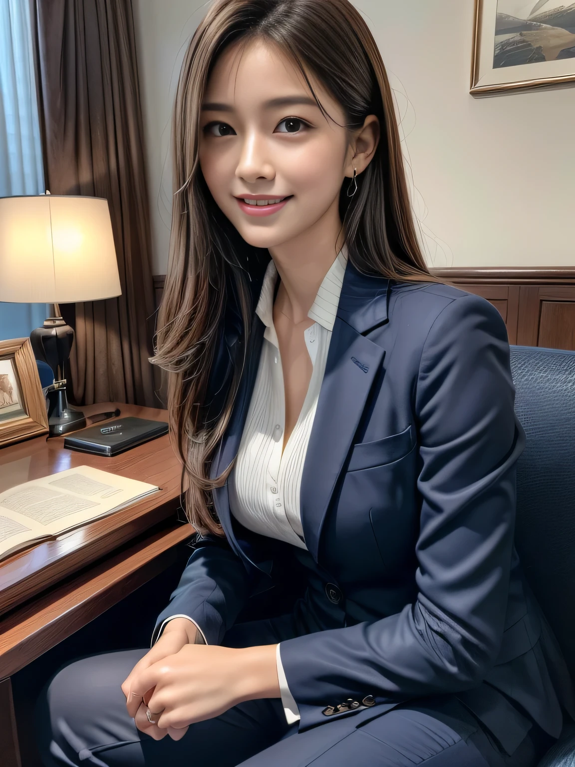 ulzzang -6500-v1.1, (Raw photo:1.2), (Photorealsitic), Beautiful detailed, Famous popular actresses、 (Real: 1.4), extremely detailed eye and face, beatiful detailed eyes, ((Late Night Office:1.2)), ((Women's Suits:1.3, Ultra-realistic pantyhose:1.2))、selfee、Instagram、harsh trial、game_nffsw, captured from behind、huge filesize, hight resolution, ighly detailed, top-quality, [​masterpiece:1.6], illustratio, ighly detailed, nffsw, finely detail, top-quality, 8k wallpaper, Cinematographic lighting, 1 milf, 42 year old, perfect body type, Beautiful big drooping eyes、Pieckfinger, ((masutepiece)), Best Quality, 1 milf, eye shadow,  high-heels、Portrait, ((FULL BODYSHOT:1.4))、(Very affectionate smile:1.2)、realistic skin textures、shinny skin、turned around、Exposed thighs!!!