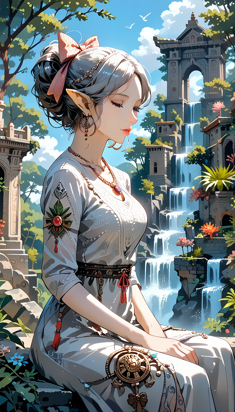 Solo, Elf woman, 27yo, seductive elf hunter, (image is covering head to knee), dynamic posture, dynamic shot, perfect lighting, detailed sexy perfect face,  detailed eyes, detailed lips, attractive medium breasts, (pearl white skin:1.1), (high detail, fluttering silver middle hair, updo sleek bangs), (detailed elf hunter clothing, intricate beautiful, ancient design outer and short pants, lightweight leather armor, hoop earrings and pendant ), (ancient items, fantasy, (ancient products ,( intricate designed bow and arrows)), intricate decorated), ancient magician outfit, fantasy, (extremely detailed background, rich in nature, The forest is abundant in nature, Rich in greenery, great waterfalls, background), score_9, score_8_up, score_7_up, source_Anime, outstanding quality, best masterpiece, anatomically accurate rendering, ,4K,8K, ultra HD, very detailed, intricate detail, best quality, incredibly absurdres, high resolution, perfect anatomy, sharp_LASCALAE, ultra sharp focus, intricate character design, mystical