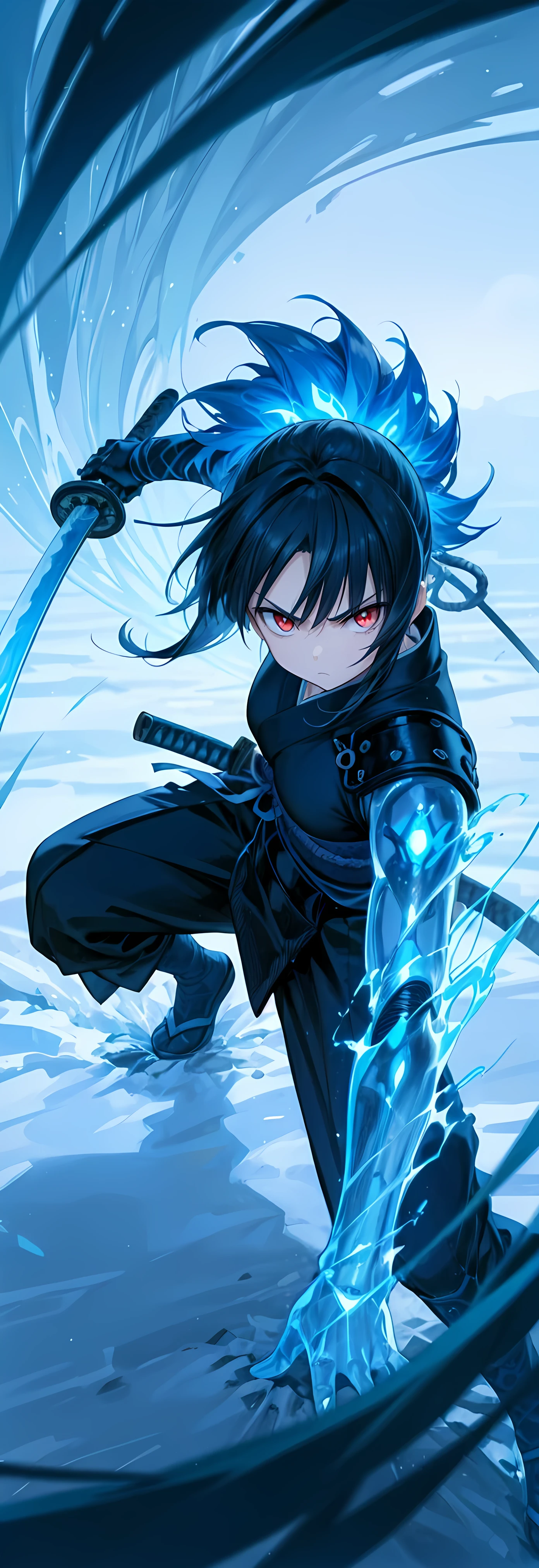 best quality, high detailed, Samurai Girl, mechanical right arm, iai stance, katana, big weapon, frozen arm, cold blue flame, Slash effect, serious, beautiful eyes, super fine eyes