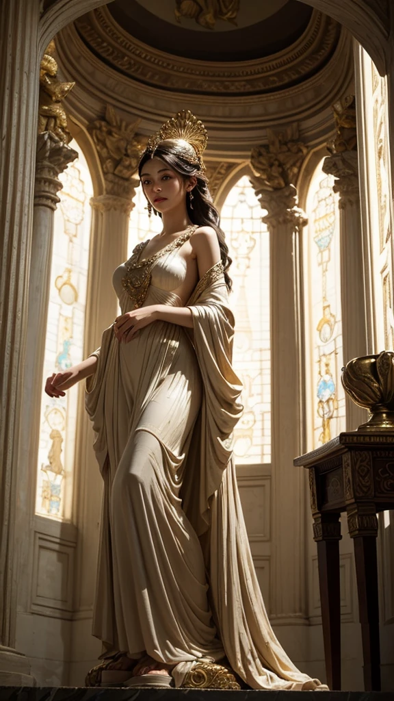 depicts Lucia, Princess of the Ancient Roman Empire,,Danish actress Connie Nelson(Connie Nielsen)Play,She was the daughter of the ancient Roman emperor Marcus Aurelius,Commodus's younger sister。After the death of her husband,She lives with her son。dark brown hair,With exquisite necklace,exquisite earrings,She was 35 years old,Dress up in a gorgeous and sexy evening dress,Stand in the Colosseum,be interviewed,,Photo taken in 2001,8k, HD, Detailed face, delicate eyes,surreal, + movie shot + dynamic composition, Very detailed, sharpen, ish, warm light, Light effect, dramatic light, (intricate details:1.1), complex background, (Greg Rutkowsky:0.8), (teal and orange:0.4),correct anatomy,