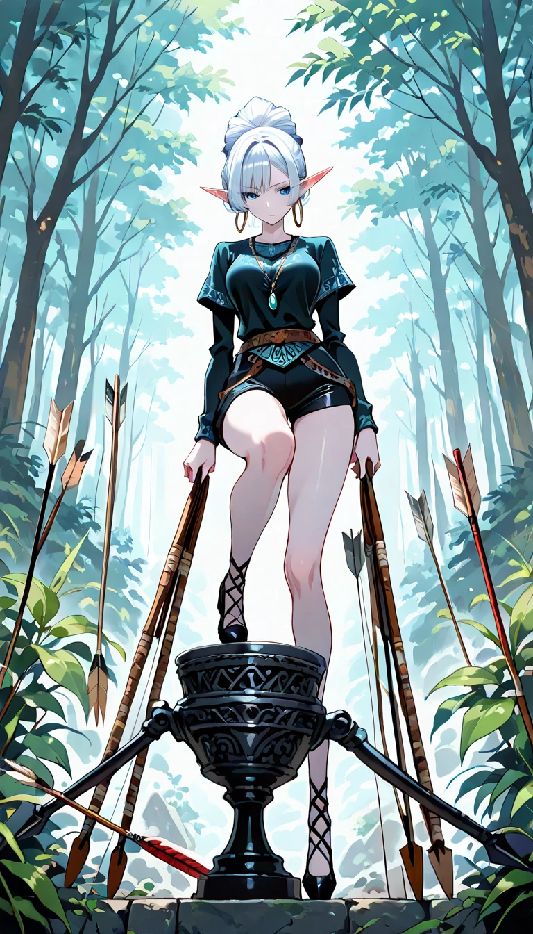 (((((middle-aged women))))), masterpiece, super detailed, 8K portrait, RAW photo, portrait photography, highly detailed face, ((fantasy)), 1 female, (((short woman))), (((magician))), (((((nervous look))))), (((stand with legs spread apart))), 33 years old, (((slut))), (((Black little eyes))), (((long straight black hair))), ((low ponytail)), (((Sideburns hide a long face))), Larger earrings, (((white skin color))), (((((Dusky blue ultra-fit puffy sleeve bikini dress))))), (((Navel exposure))), (((((Microflare skirt))))), (((black silk cloak))), (((little waist hip pouch))), (((leather boots))))), (((Equip a long wooden stick))), midday sun, surreal, ((((flat chest)))), (((thick thighs))), long legs, In the medieval adventurer's guild, environmental lighting, shadow details , Focus the camera on the thigh, strong wind, light fog