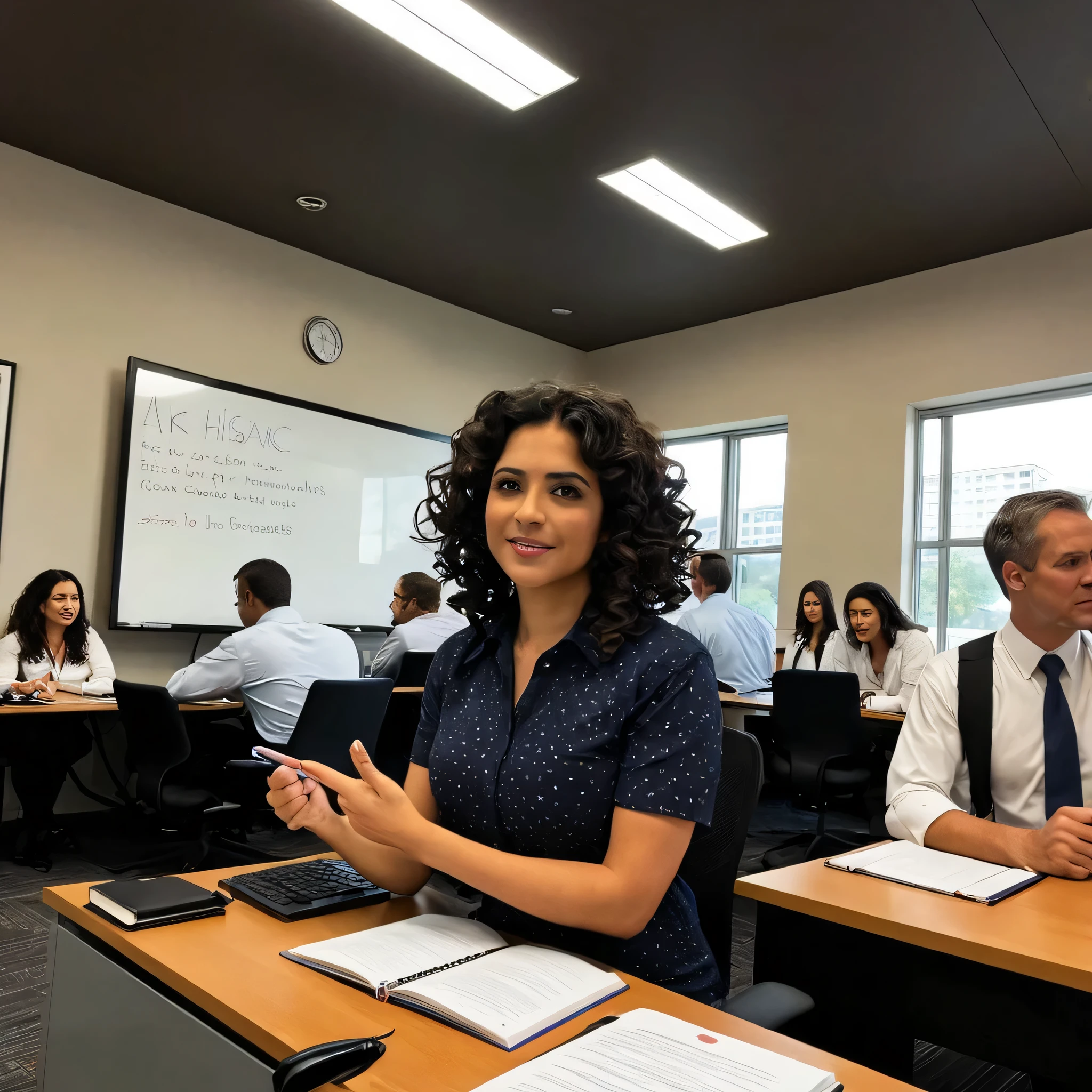 A large office. A Hispanic woman stands at a whiteboard. Six Americans sit at a table in front of her. The Hispanic woman has curly hair.