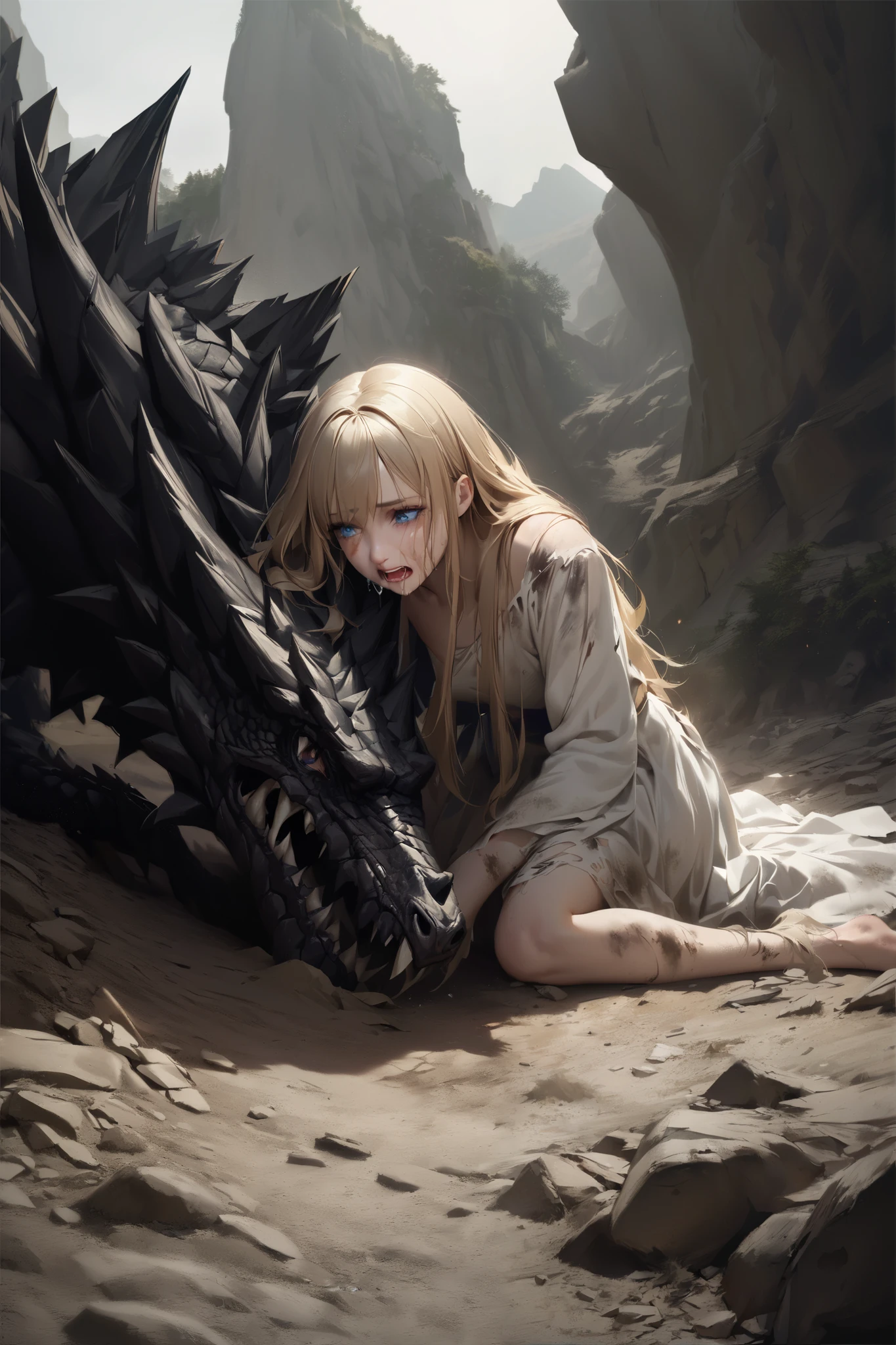 A young woman wearing a dirty, torn white dress with blond hair, long hair, blue eyes up to the ankle, collapses in front of the neck of a black dragon that fell to the ground in a desolate, steep mountainous area。Scream with a crying face。TOP QUALITY。realistic texture、 realistic colors。