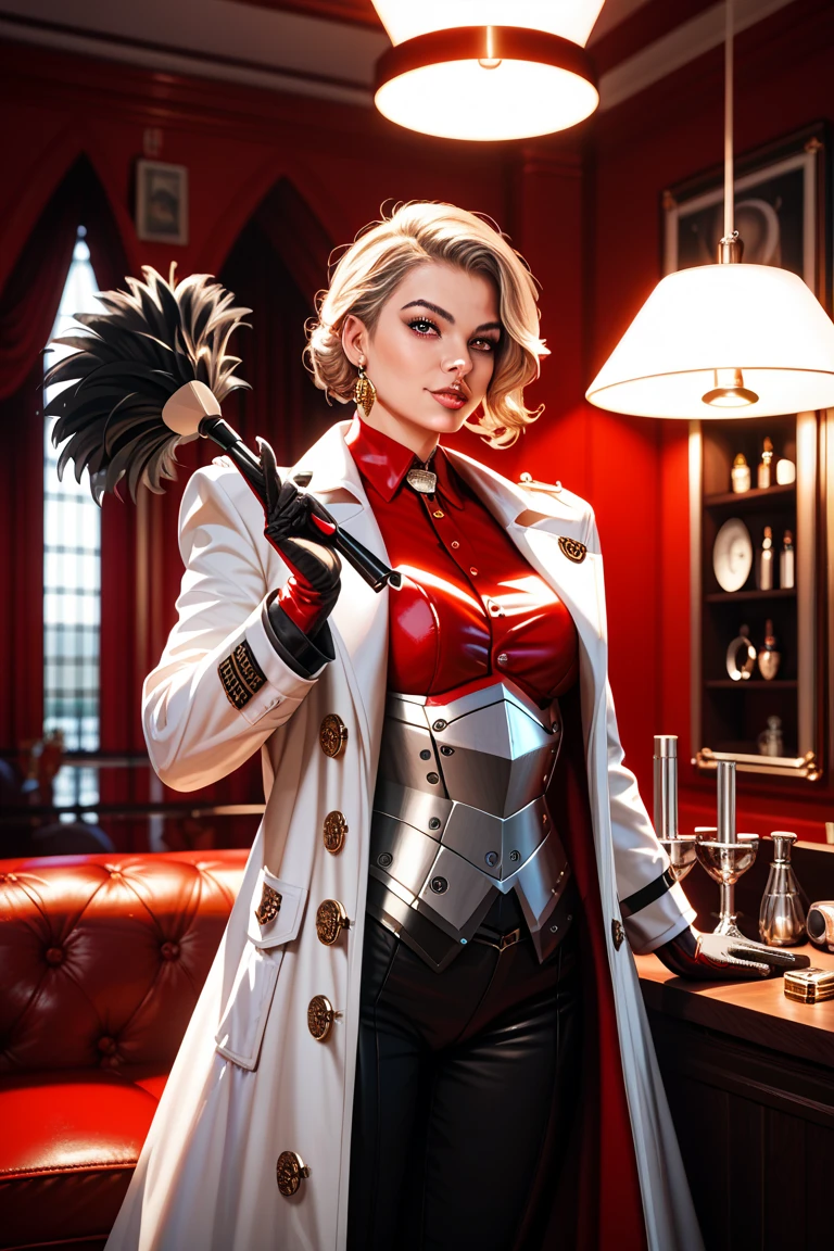 best quality, masterpiece, 4k 8k wallpaper, Turning sideways to face the camera, bathroom, detailed face, a young sexy girl, smile, white body, blonde hair, a little light on face, high building, big windows, city night view, glass, <lora:karinKanzukiStreet_1:0.95>, KarinMS, giant hairbow, pleated skirt, red jacket, massive hips, hair curls, gloves