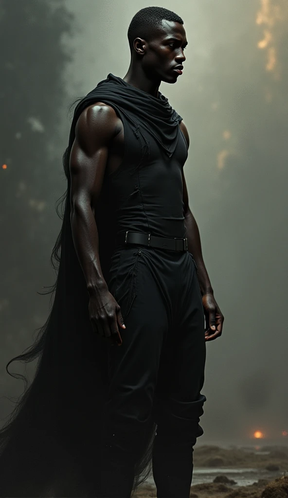 A tall, muscular young male warrior character,
alien with skin completely black as night, no eyebrow, with straight black hair that reaches the middle of her back in a high braid, with completely black eyes without the white part, wearing military style clothing that covers the entire body, completely black and tight to the body