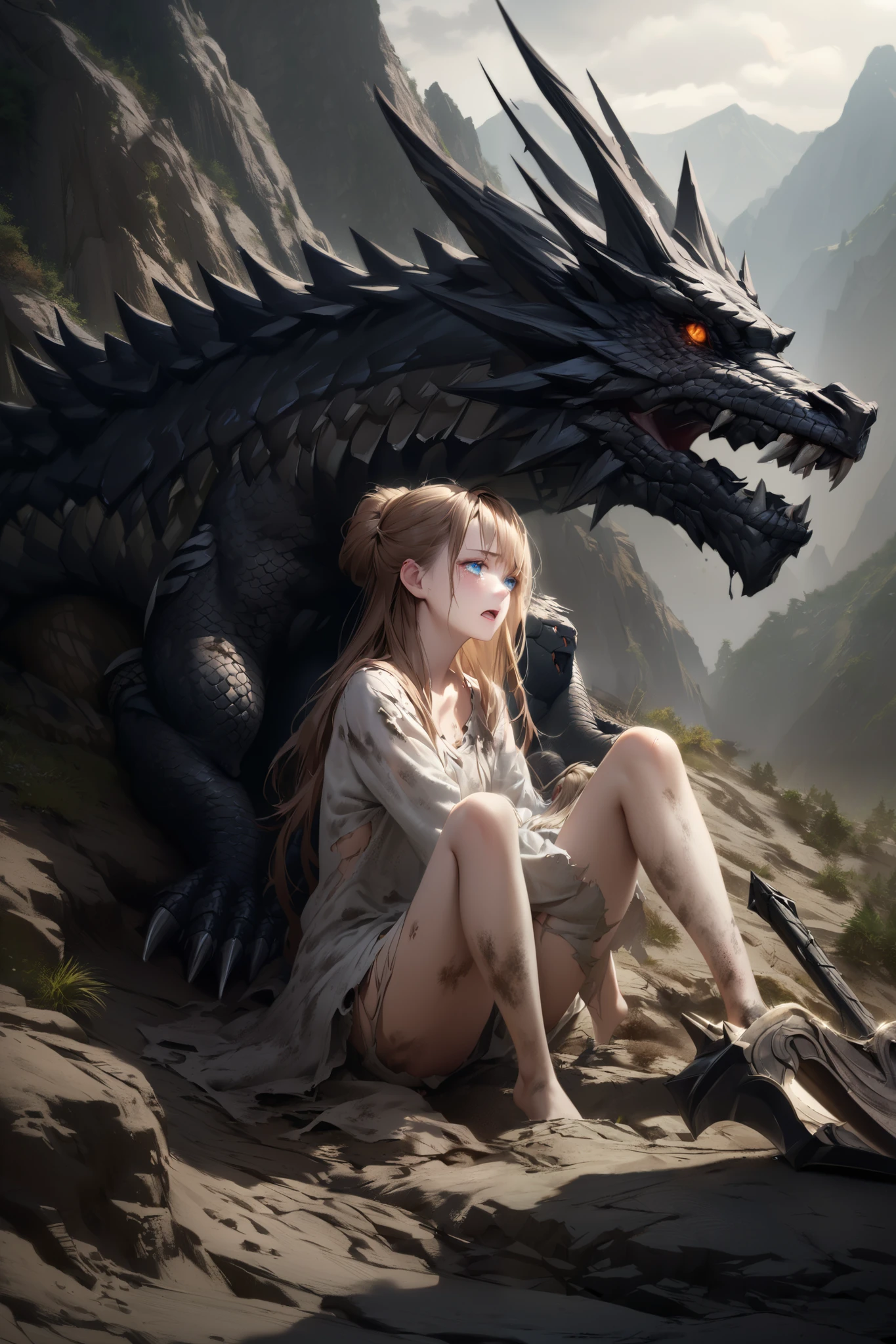 A young woman wearing a dirty, torn white dress with long hair up to the ankle and blue eyes snuggles up to a black dragon with a spear stuck in a desolate, steep mountainous area。Scream with a crying face。TOP QUALITY。realistic texture、 realistic colors。