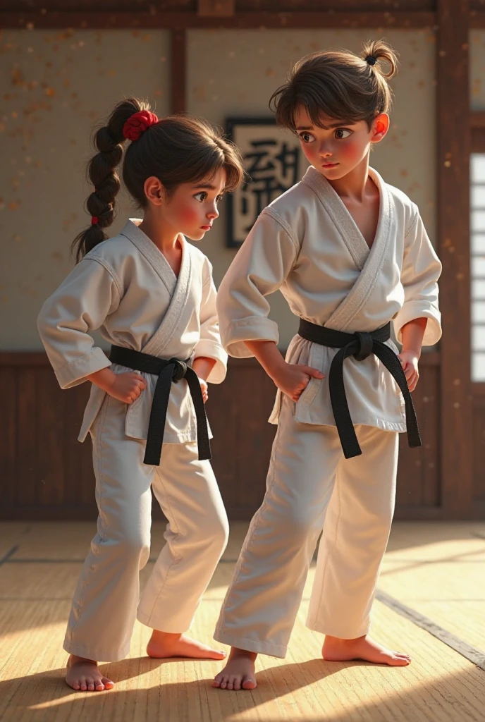 (8k, foto crua, qualidade de obra-prima: 1.2), they are three little girls in a judo pose, ((vestindo um judogi branco)) ((judogi branco com mangas compridas)), judo, judo pose, Artes marciais, children, ((faixa azul)) principiante, postura de luta, Artes marciais, classification, competition winner, postura de luta, pose de arte marcial, in a dojo (tiro de corpo inteiro: 1) posando para fotografia, postura firme ( tiro de corpo inteiro: 1).