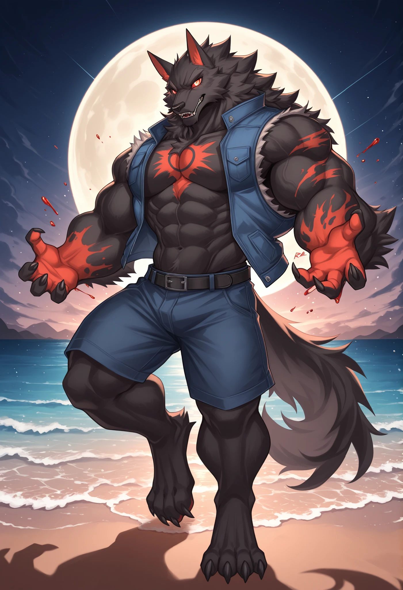 furry, solo,  , muscular male, , close up, reaching,full body, moon rise，middle night , (sleeveless jacket), looking at viewer, close up, beach, side view, nice eyes, eyes, muscular,abs, chest markings, 

, (volker \(rabbity\), werewolf , black body, hypnotic_eyes), claws, blood energy tattoos 
, 2024,2023, r4bb1ty , masterpiece, best quality, amazing quality, hyper muscular 