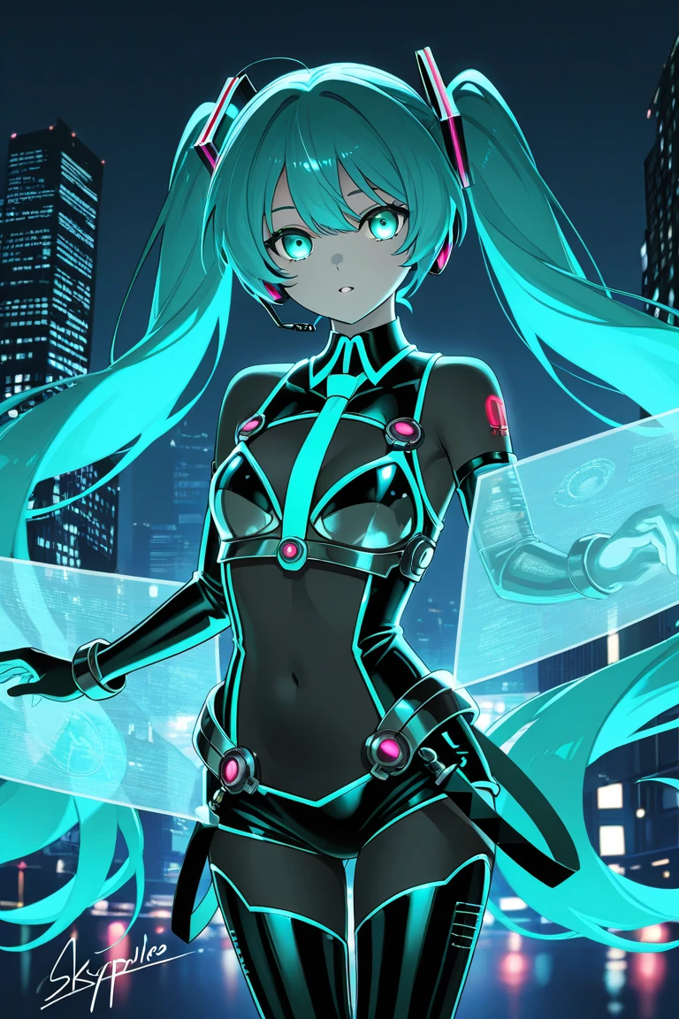 (flat color), colorful,(masterpiece:1.2), best quality, masterpiece, highres, original, extremely detailed 8k cg wallpaper, looking at viewer,( white background), masterpiece, best quality,bodysuit, mecha corset,Headset,garter, glowing body, [girl,neon lights],
[arched back], cowboy shot,Single ponytail,<lora:choco-pynoise-000012:1>tsurime