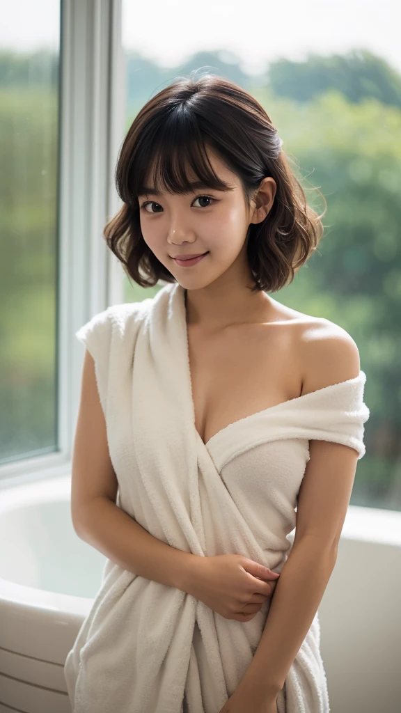 Professional, (4k photos:1.1) 、((preteen)), Beautiful Girl, Model body, Big blue eyes, Small breasts, Long legs, Ethereal beautiful body, jaw-dropping beauty、slim, Petite, Smile of shame、Half body shot , Towel , Bathroom, Sitting ,Soft light, high detailing, Wearing (bath towels:1.2), Shoulder out、beautifull detailed face, Hazel eyes, short blonde hair, (attractive young woman:1.3),realistic skin textures、Lustrous skin、turned around、Exposed thighs!!!