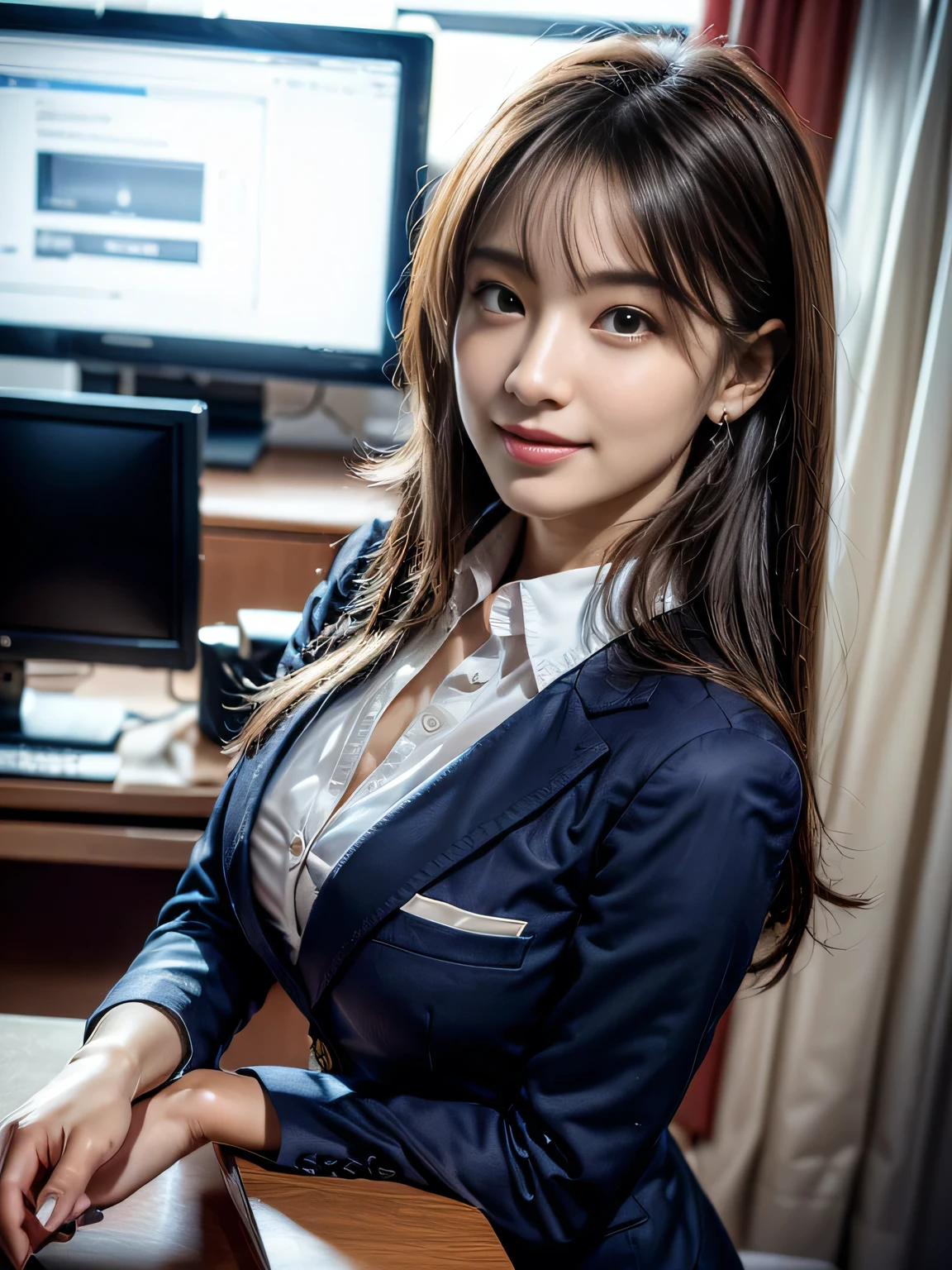 A scene of a woman in a business suit sitting in a chair and showing her best smile in a neon-lit city at night