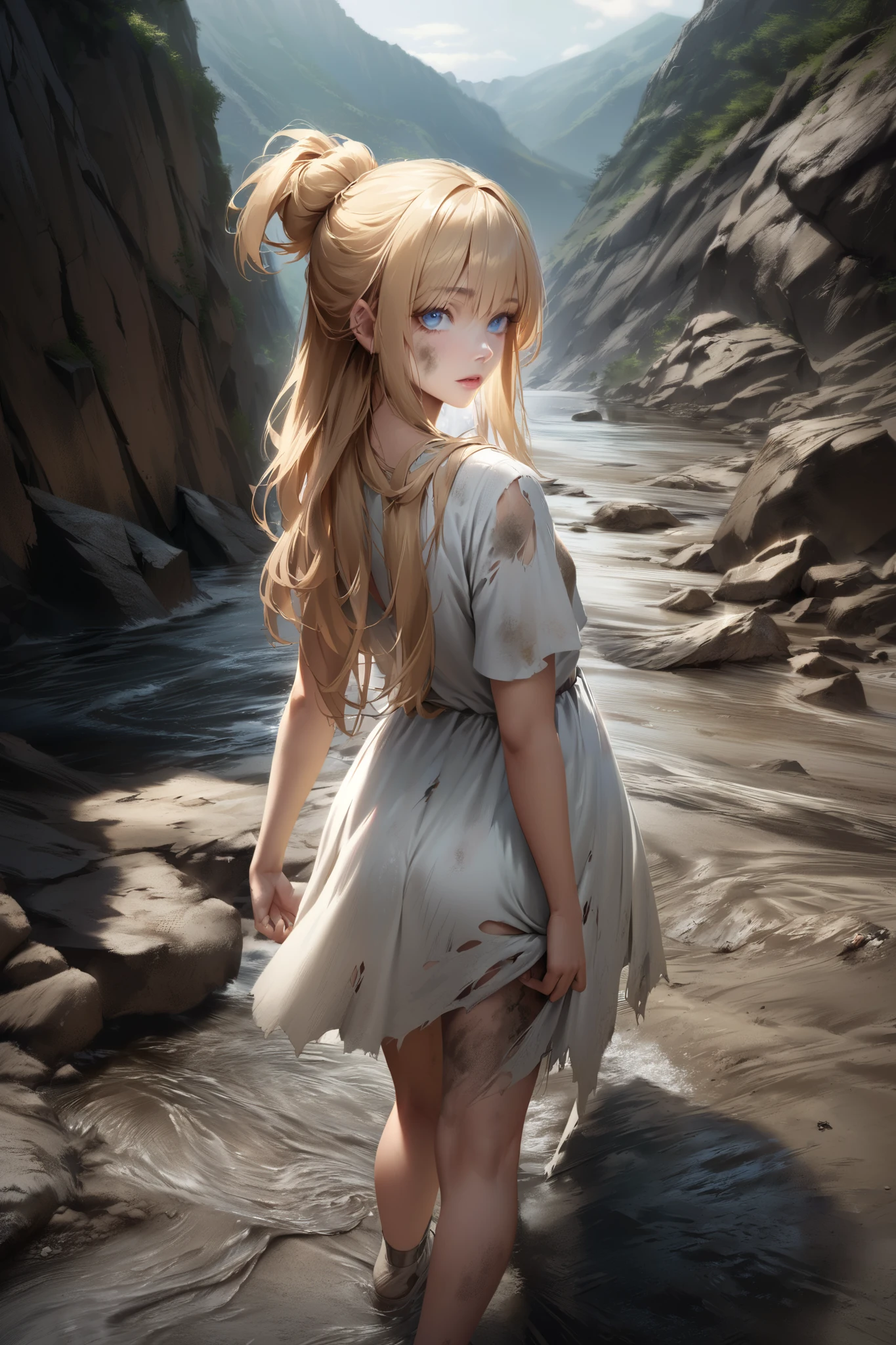 A young woman with blond hair, long hair up to the ankles, blue eyes, and a dirty, torn white dress looking back in surprise in a desolate, steep mountainous area。TOP QUALITY。realistic texture、 realistic colors。