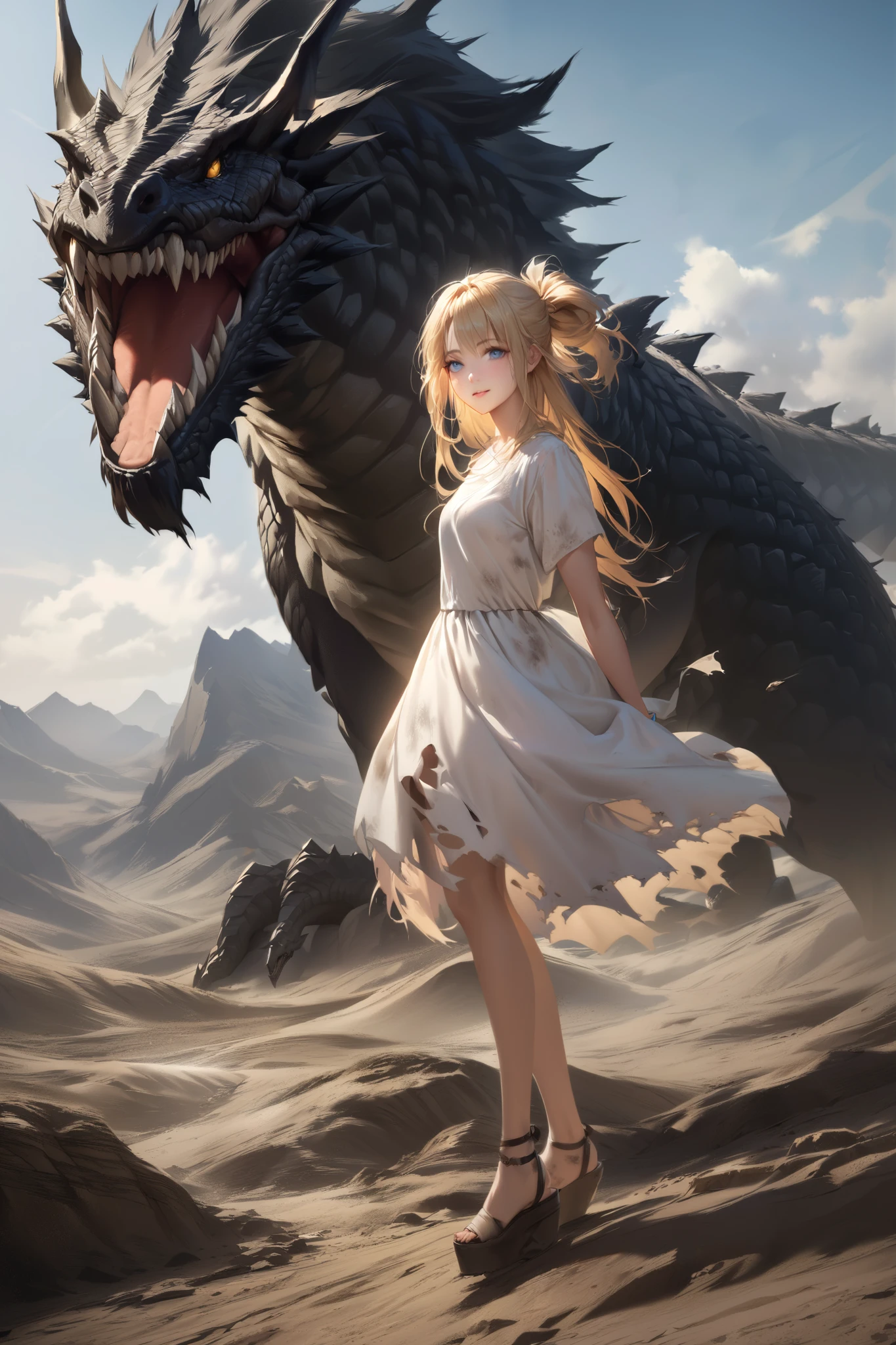 A young woman wearing a dirty, torn white dress with blond hair, long hair up to the ankles, and blue eyes riding on top of a black dragon in a desolate, steep mountainous area。smile。TOP QUALITY。realistic texture、 realistic colors。