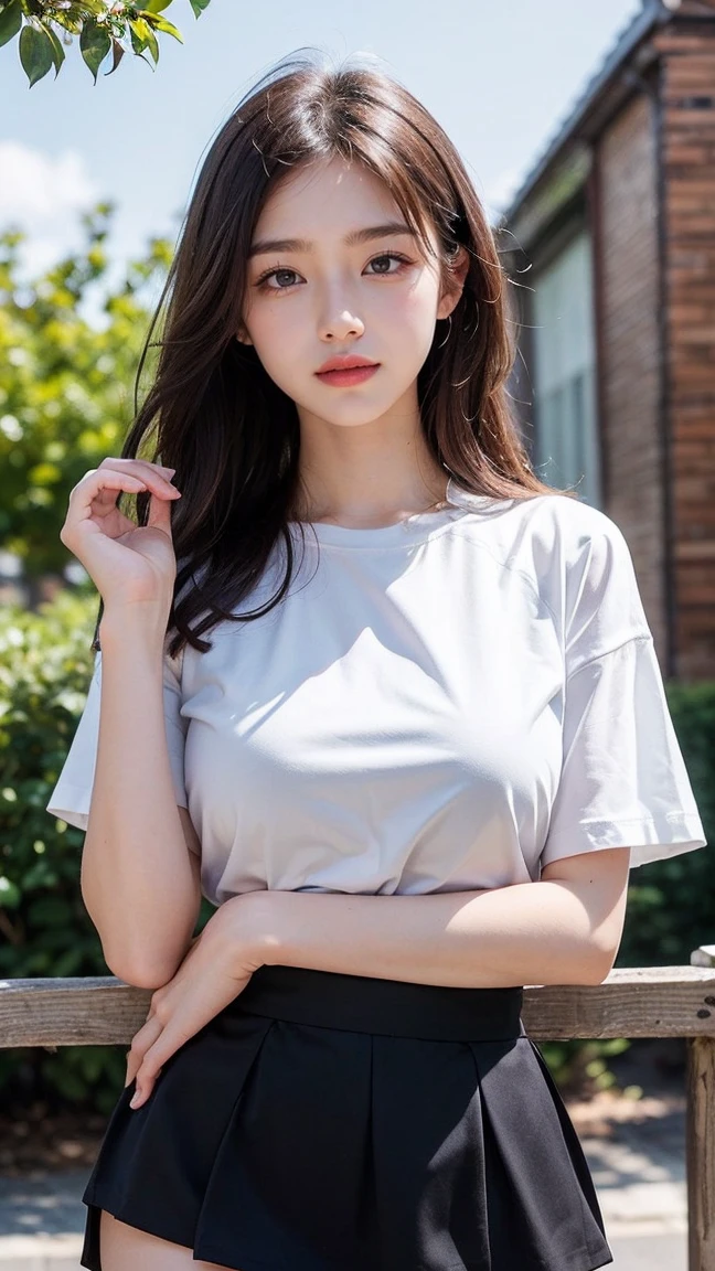 Japan Girl,beautiful girlfriend,a beauty,Raw foto,8K,morning sun lighting,Gray T-shirt and jeans miniskirt,Smooth long hair,A dark-haired,A detailed face,Detailed skin,Detailed eyes,(Slim body:1.3),petite girl in,About 23 years old,